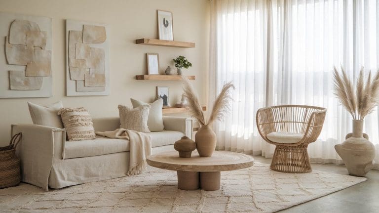 A cozy minimal boho living room features a beige sofa, textured pillows, and a wooden coffee table. A wicker chair and decorative vases with pampas grass add style. Minimalist art and floating shelves enhance the serene, natural ambiance as soft lighting filters through sheer curtains.