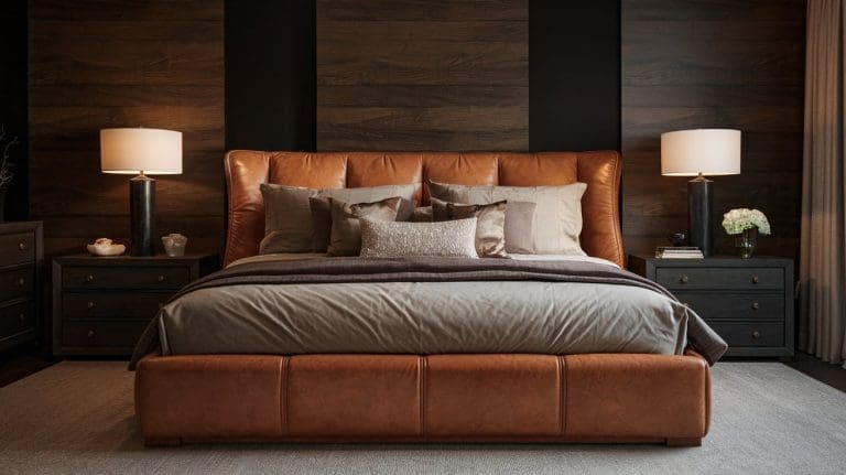 A luxurious black and brown bedroom featuring a large leather-upholstered bed with gray and beige bedding. Two side tables with matching lamps flank the bed. The backdrop is a dark wood-paneled wall, and a light-colored rug covers the floor.