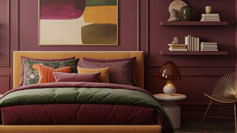 A stylish bedroom with a mustard bed frame, green and burgundy bedding, decorative pillows, a burgundy wall—perfect for those seeking inspiring burgundy bedroom ideas—modern art, bookshelves, a round side table, and a red lamp.