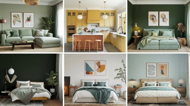 A collage of six interior designs: a living room, kitchen, and four bedrooms. The color schemes feature green, yellow, and natural tones, showcasing how colors affect mood. Modern furniture, abstract art, and plants beautifully enhance the home decor through thoughtful color psychology.