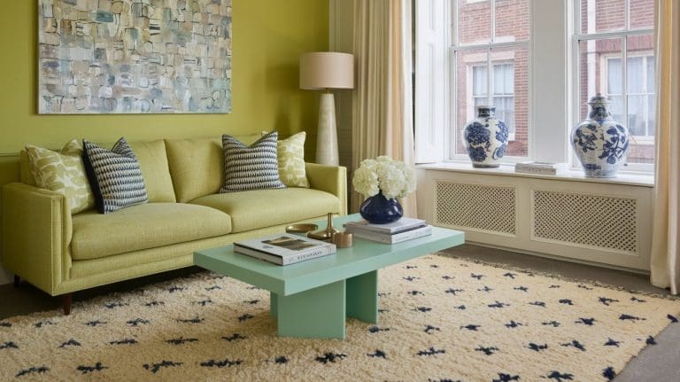 A cozy green living room features a sofa adorned with patterned pillows, a light blue coffee table, and a yellow-green wall with abstract art. Refresh your space with two blue and white vases on the windowsill and a cream rug with dark patterns covering the floor.