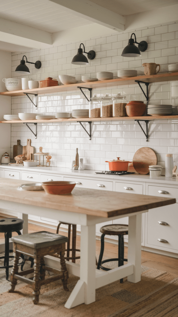 A cozy kitchen showcases the latest design trends with a wooden island and stools. Shelves brim with jars, bowls, and dishes as white subway tiles grace the wall. Black lamps offer contrast while a red pot sits invitingly on the counter, creating a warm atmosphere.