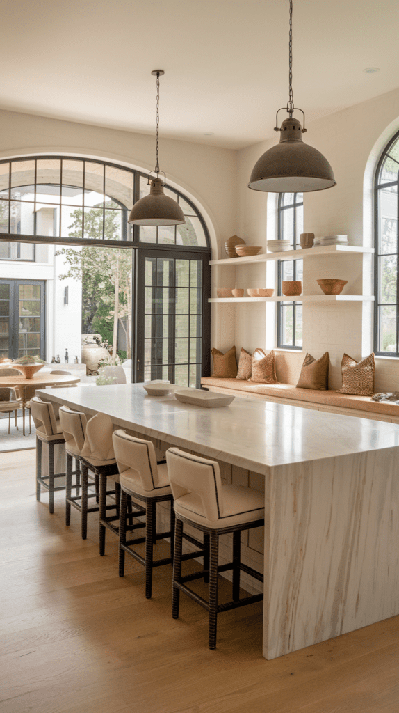 A bright, modern kitchen showcases the latest design trends with a large marble island and six cushioned bar stools beneath sleek pendant lights. Open shelving displays bowls, and a cozy seating nook by tall arched windows offers a stunning outside view.