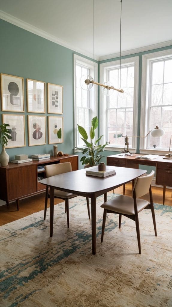 A modern home office for two features a wooden table and chairs, a large window, and a potted plant. The green walls are adorned with abstract artwork. A patterned rug covers the floor, while a pendant light hangs from the ceiling.