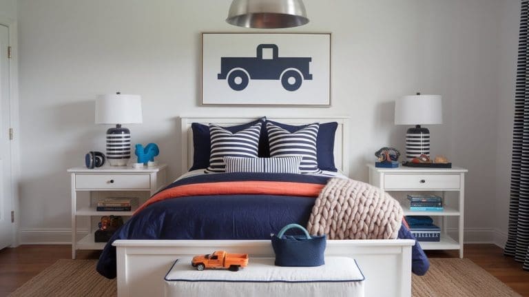 A modern navy bedroom, perfect for kids, features a navy blue and white color scheme. The bed boasts striped pillows and an orange throw. Two bedside tables with lamps and toys complement the room. A framed truck illustration hangs above, while a bench with a toy truck sits at the foot.