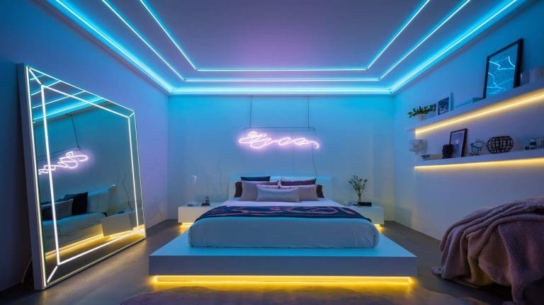 A futuristic neon bedroom featuring LED strip lights outlining the ceiling, glowing under the bed, and behind floating shelves. A bright neon sign hangs above a sleek platform bed, while a large mirror with LED backlighting leans against the wall. The room has a cozy yet modern vibe with minimalist decor, plush throw blankets, and framed prints illuminated by soft blue and purple lighting. Inspired by Urban Outfitters and Pottery Barn Teen.