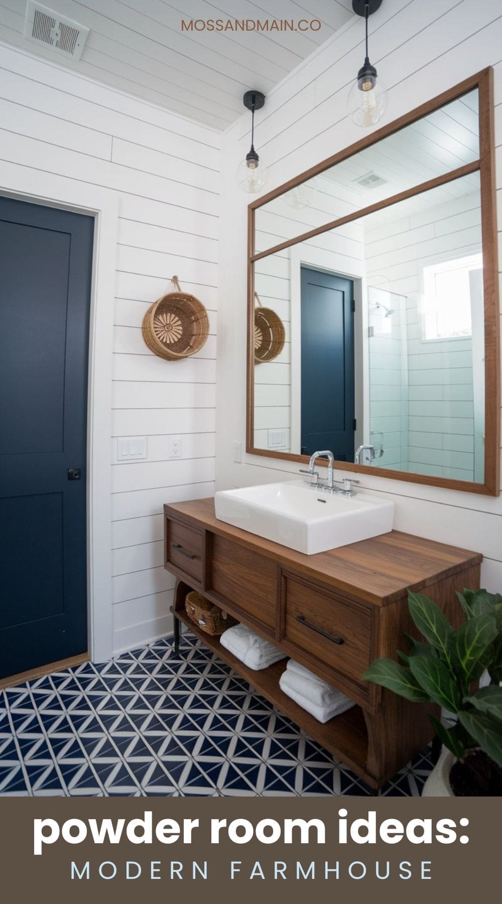 A modern farmhouse powder room with white shiplap walls, a wooden vanity with a vessel sink, geometric patterned floor tiles, and a large mirror. A wicker basket decorates the wall. Text reads powder room ideas: MODERN FARMHOUSE.