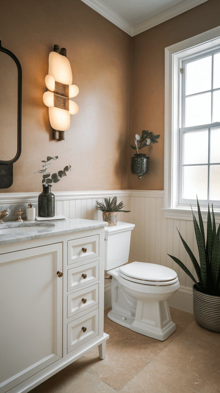 A warmly lit half bathroom with brown walls showcases a white vanity with a marble countertop, a toilet, a large potted plant, and frosted glass window. Modern design ideas are evident in the light fixture above the vanity and the small plants that add greenery.