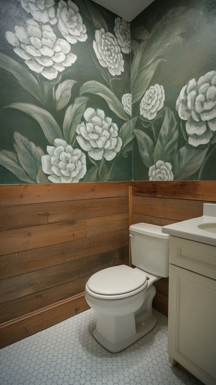 A small bathroom with a floral mural of large white flowers on a green background offers charming design ideas. The lower walls feature wood paneling, while a white toilet and cream vanity with a white countertop sit elegantly on hexagonal tile flooring.