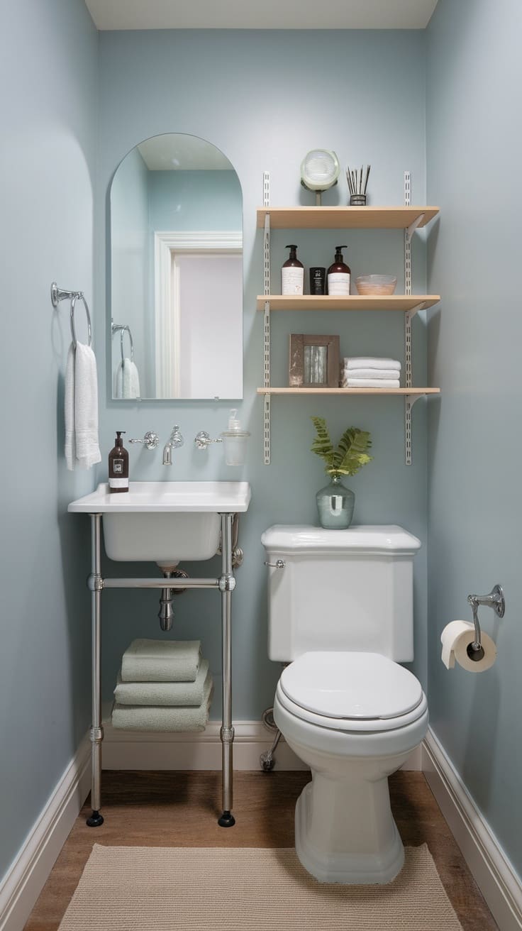 A compact bathroom with light blue walls showcases drool-worthy design ideas, featuring a wall-mounted sink, a white toilet, and wooden shelves for toiletries and decor. Green towels hang from the towel rack beneath a small mirror, completing this half bathrooms decor.