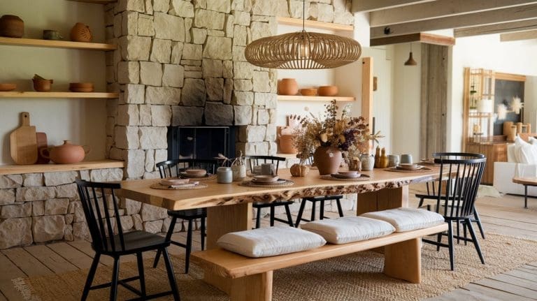 A rustic dining room with a cozy vibe features a wooden table with a live edge, surrounded by black chairs and a bench with cushions. A stone wall with shelves showcasing pottery adds charm, while a woven pendant light elegantly hangs above the table.