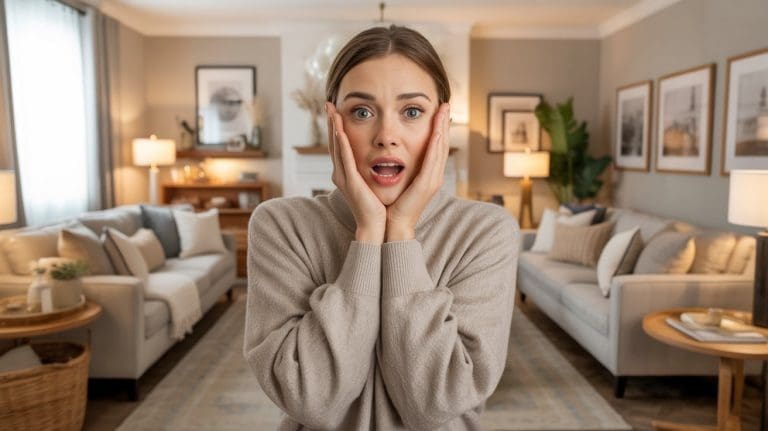 A woman stands in a cozy, well-lit living room with her hands on her cheeks, looking surprised—perhaps after spotting a decorating mistake. The room features neutral tones, sofas, framed art, lamps, and plants.