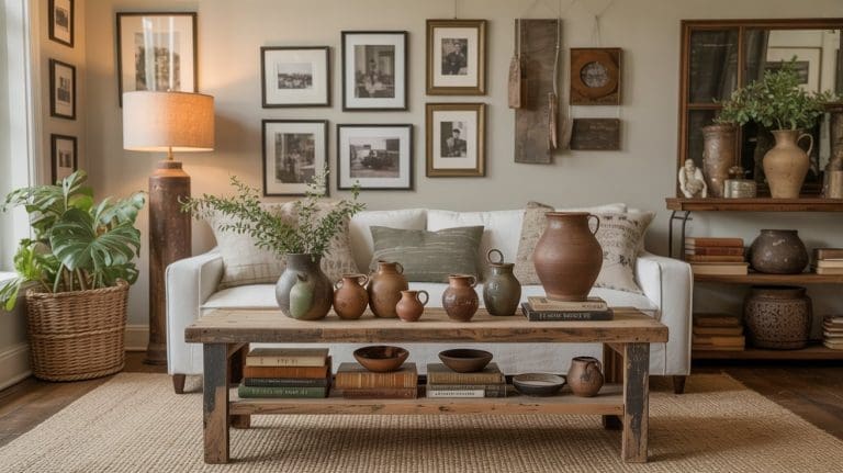 A cozy living room with a white sofa, rustic wooden coffee table holding ceramic pots, framed photos on the wall, a leafy plant, books, and earthy decor embodies slow living home decor and creates a warm, inviting atmosphere.