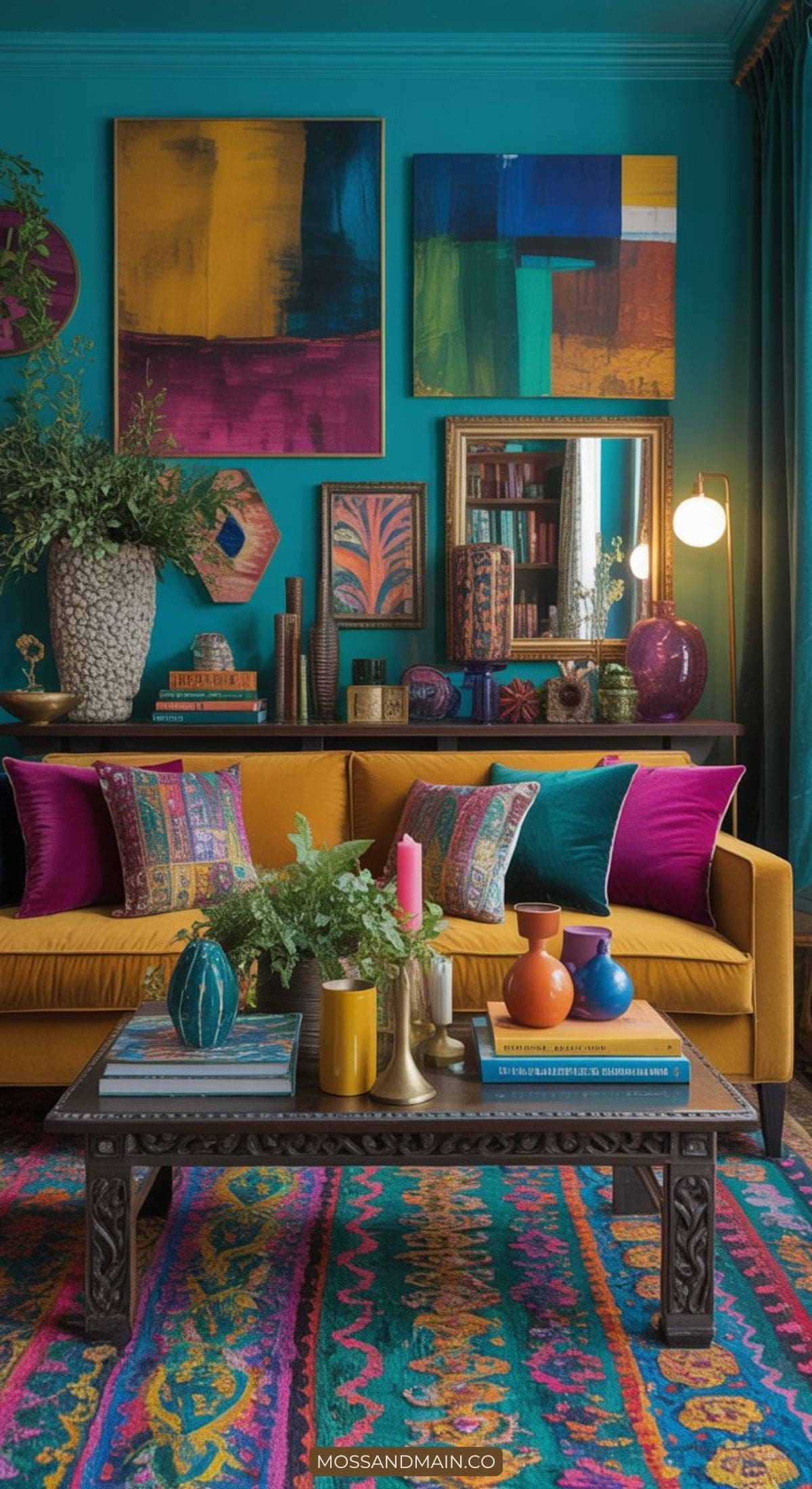 A vibrant living room with bold colors, including teal walls, colorful abstract art, and a mustard-yellow sofa with patterned pillows. Eclectic decor, plants, and a patterned rug complete the lively bohemian style.