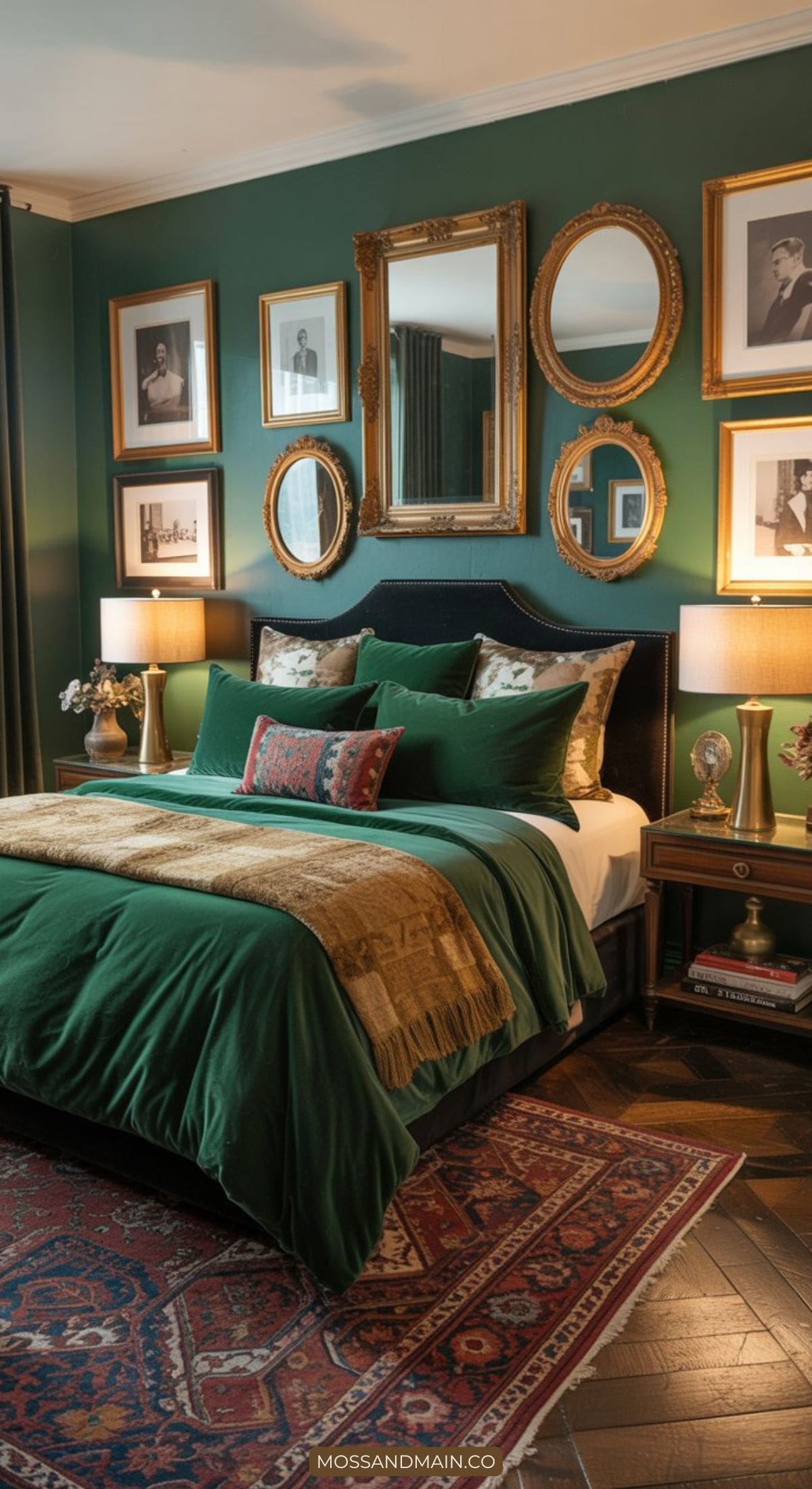 Bedroom with deep green walls, bold colors in the bedding and gold accents, vintage mirrors and framed photos above the headboard, two lamps on wooden nightstands, and a red patterned rug on a dark wood floor.