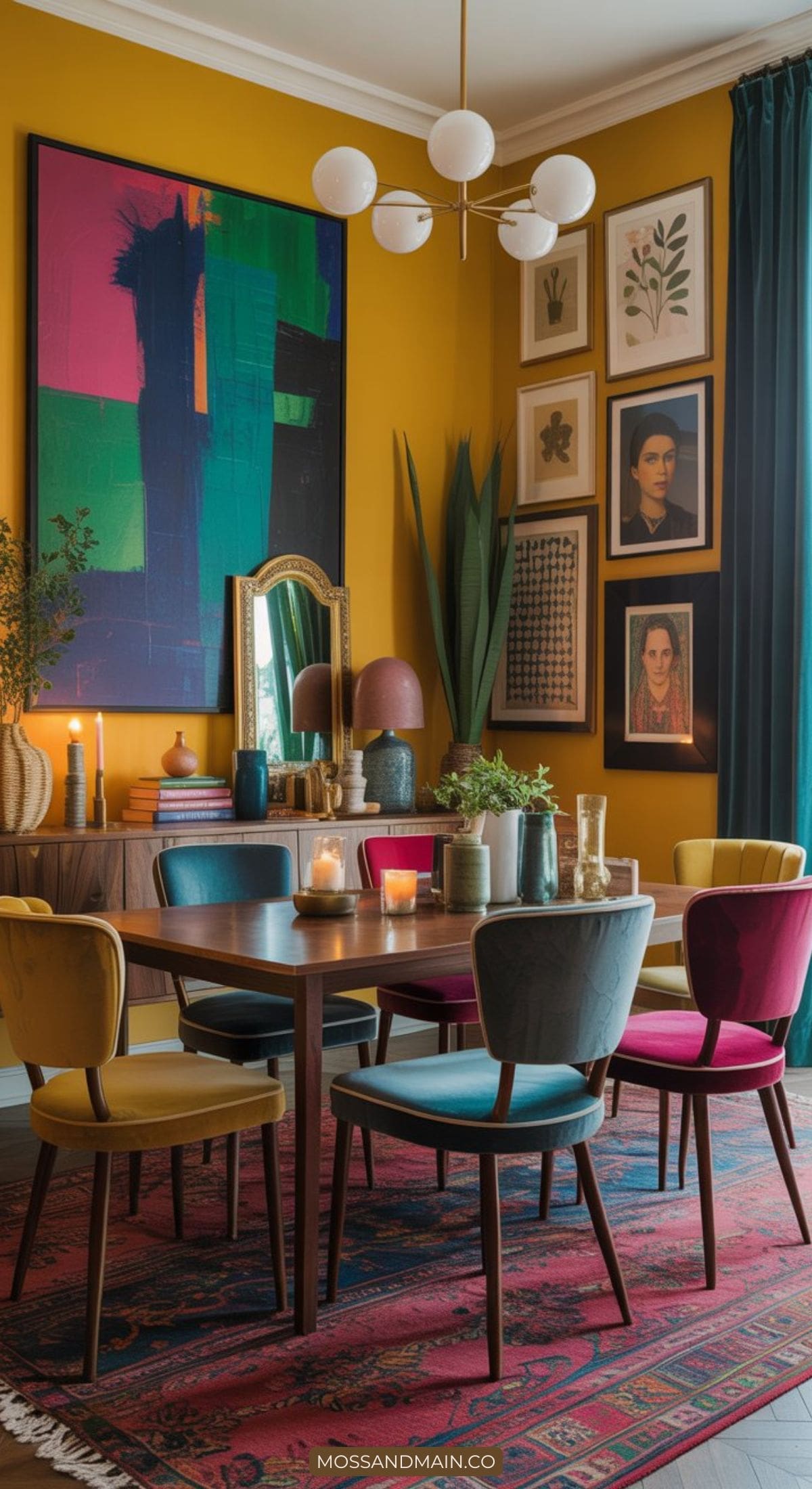 A vibrant dining room with a wooden table, colorful velvet chairs in bold colors, eye-catching wall art, framed portraits, potted plants, a red patterned rug, golden yellow walls, and modern pendant lighting above the table—a true maximalist color haven.