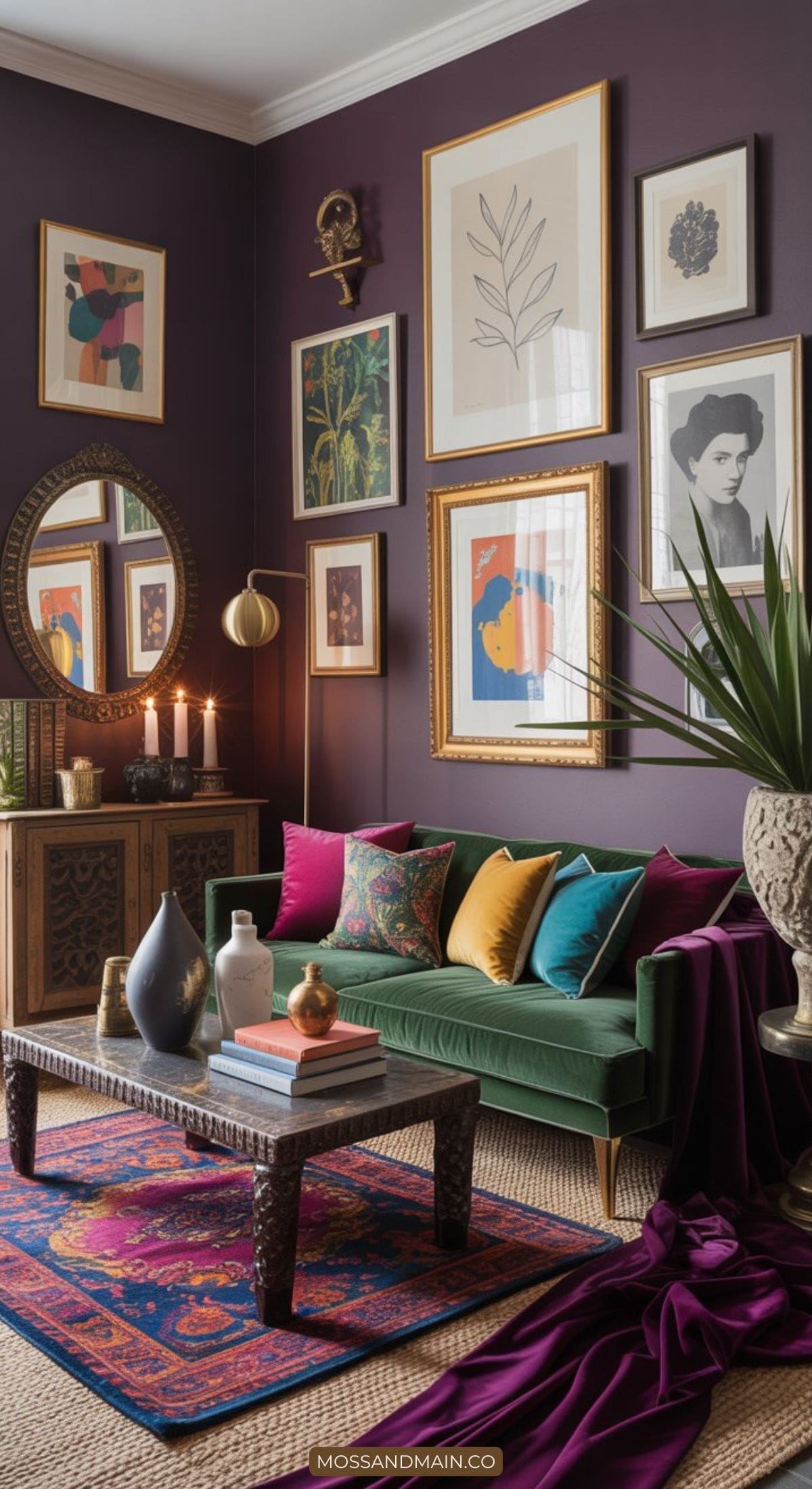 A living room with deep purple walls, bold colors in framed art, a green velvet sofa with colorful cushions, a carved wood table, ornate mirror, candles, and a patterned rug. Lush, cozy, and eclectic décor inspired by maximalist color.