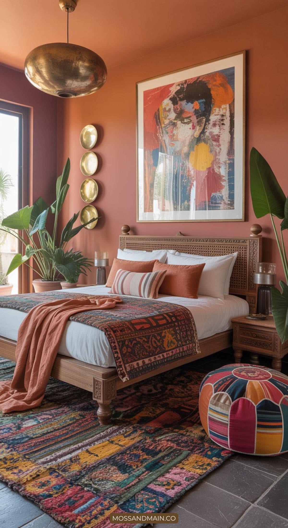 A cozy bedroom with terracotta walls, a wooden bed with patterned bedding, and colorful cushions embraces maximalist color. A vibrant rug, potted plants, gold wall plates, a large abstract painting, and a brass pendant light complete the bold look.