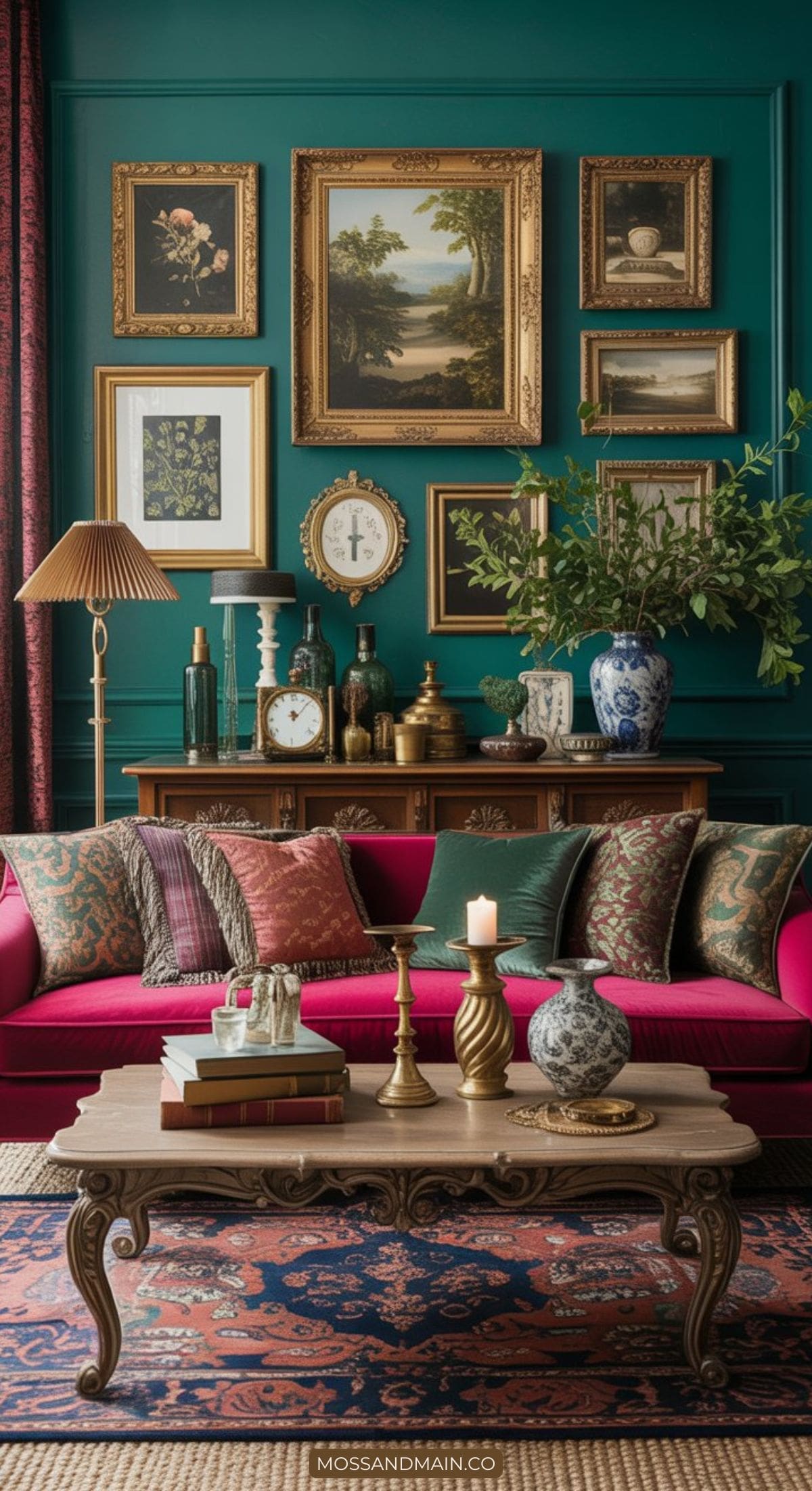 A vintage living room with bold, maximalist color—deep green walls, gold-framed artwork, a red sofa with patterned cushions, ornate coffee table, candles, vases, books, and a sideboard adorned with plants, bottles, and clocks.