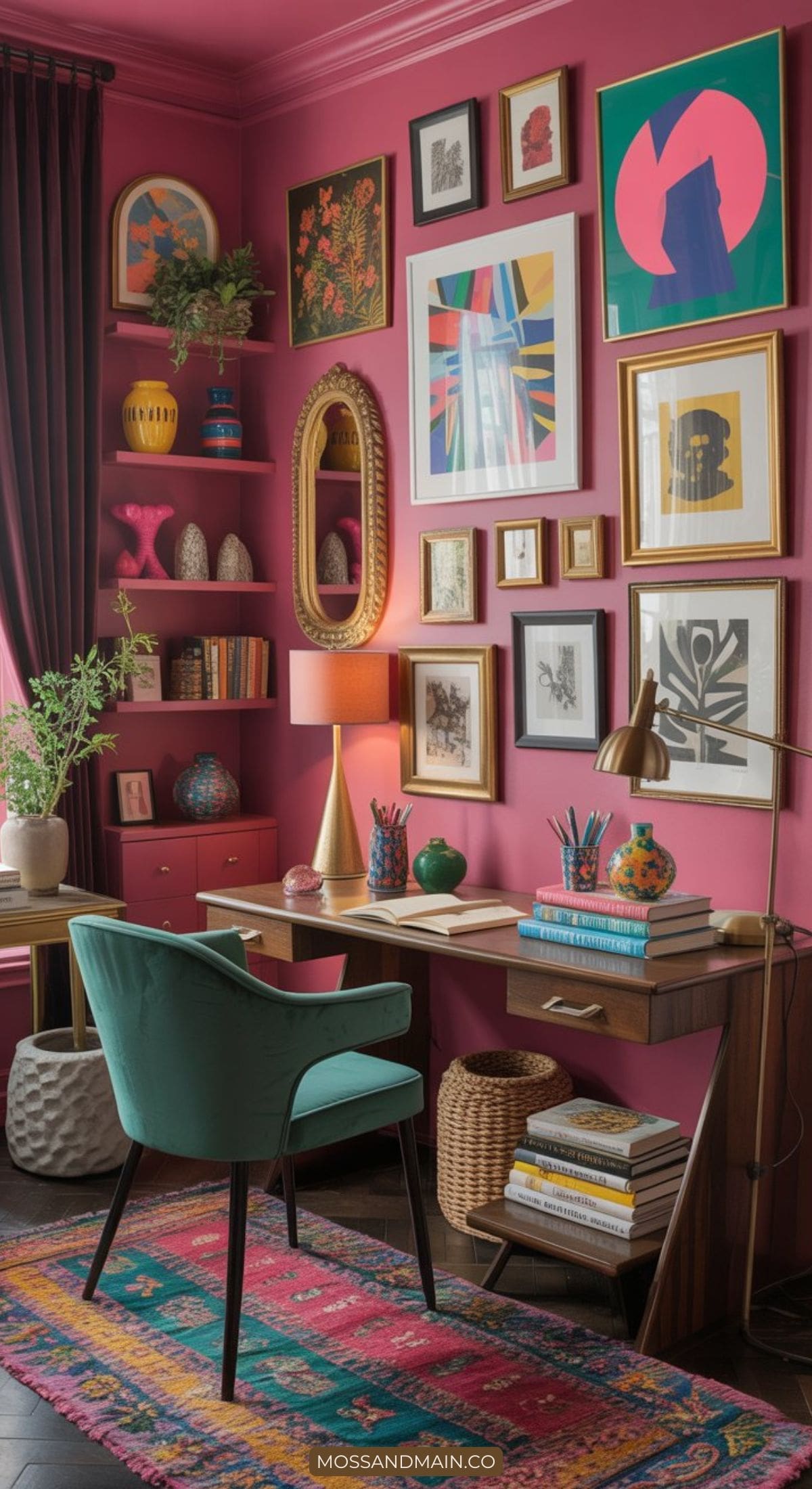 A vibrant home office with pink walls, bold colors in the artwork, shelves with books and decor, a wooden desk with supplies, a green chair, a rainbow rug, and a window that fills the maximalist color space with natural light.