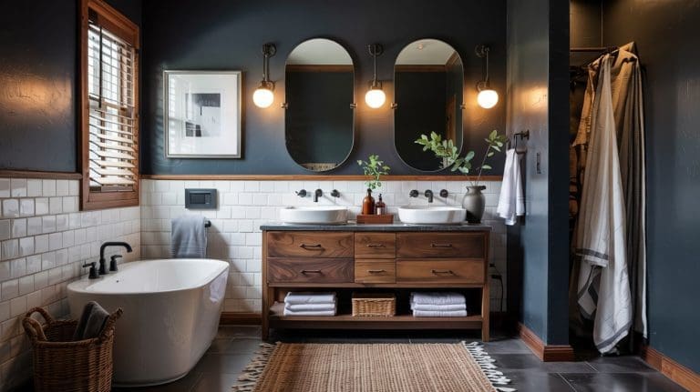 A modern bathroom remodel with dark walls, a double vanity, a freestanding tub, white tile, and warm wood accents. Towels, plants, and soft lighting create a cozy atmosphere—perfect inspiration for your 2026 project at any cost.