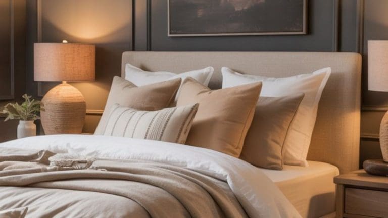 A neatly made bed with beige and white pillows and a beige blanket showcases calming bedroom colors. Two matching bedside tables hold lamps with fabric shades, and a framed artwork hangs on the wall above the upholstered headboard.