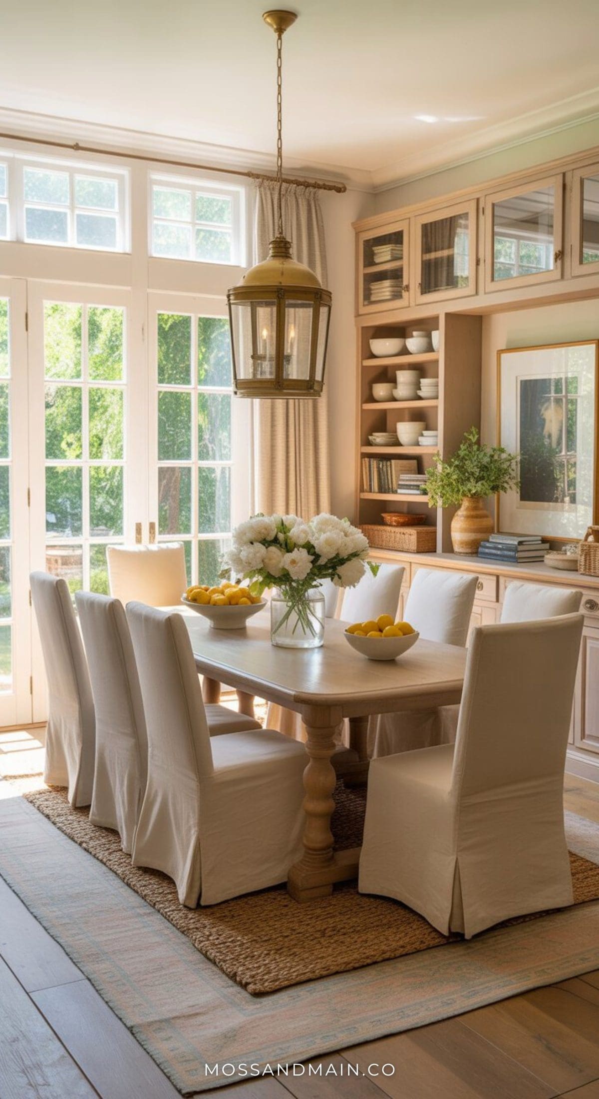 A cozy dining room with a wooden table, six white slipcovered chairs, a vase of white flowers, bowls of lemons, built-in shelves with dishes, and large windows letting in natural light—a true Nancy Meyers dining room.