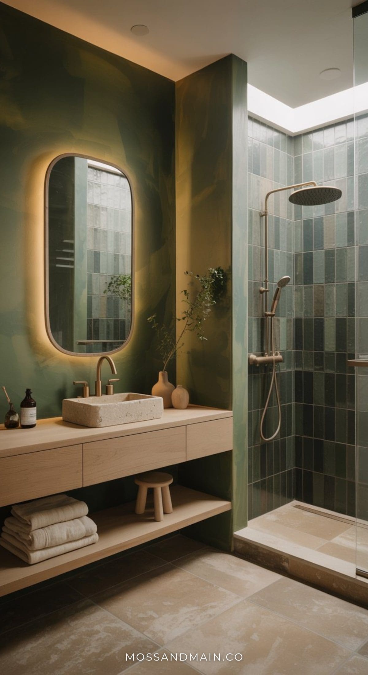 Modern dark green bathroom with tiled shower, illuminated oval mirror, light wood vanity with vessel sink, open shelving, and neatly folded towels. A plant adds a touch of greenery while natural light brightens this luxe space.