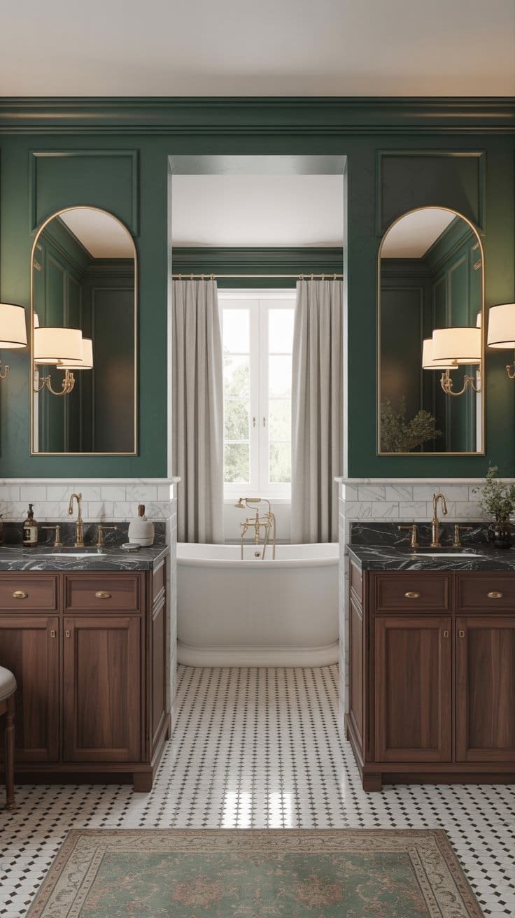 Elegant dark green bathroom with two wooden vanities topped by black countertops, brass fixtures, and arched mirrors. A freestanding white bathtub rests between the vanities beneath a window with beige curtains.