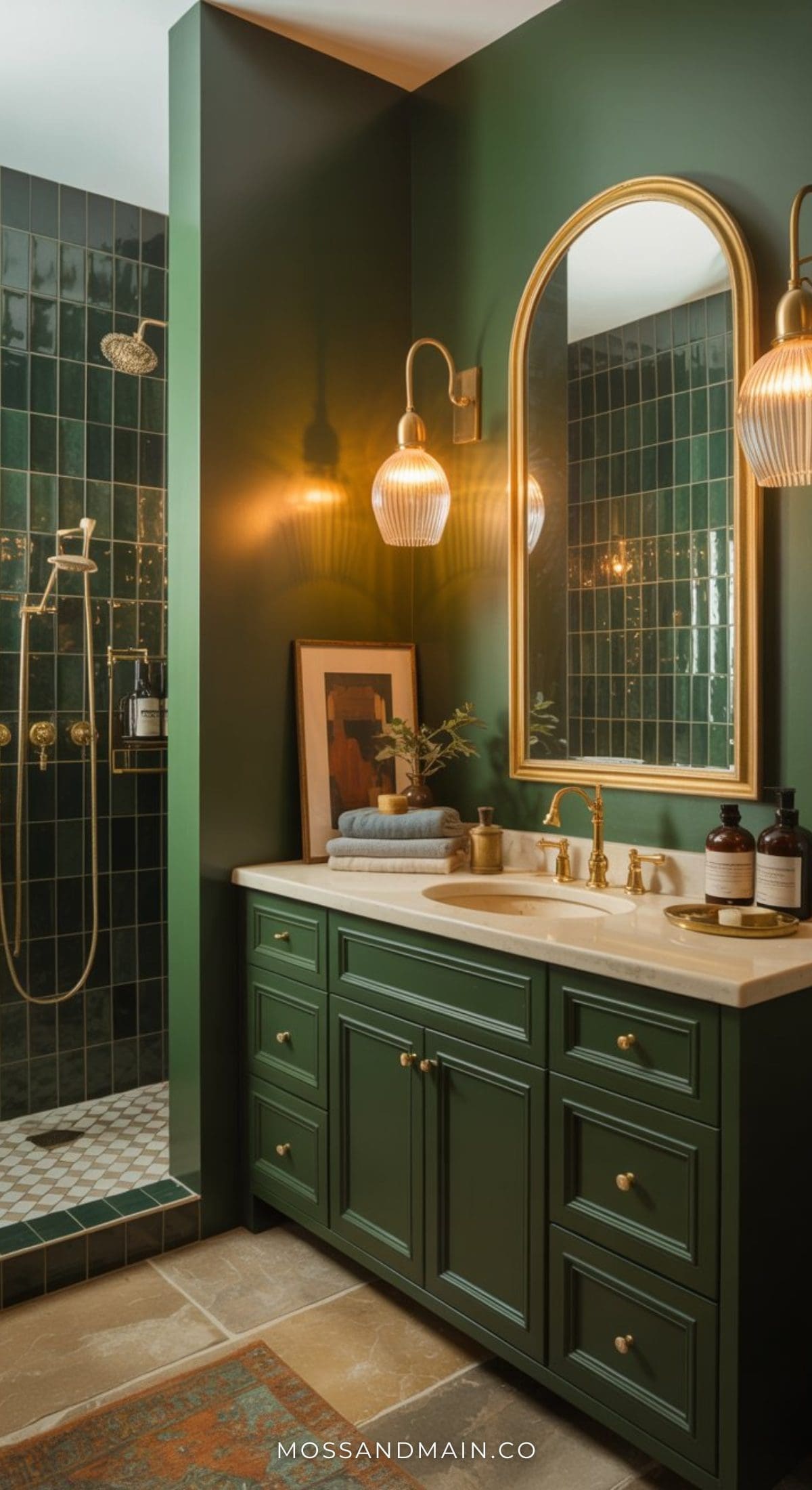 A stylish dark green bathroom with green walls and cabinets, gold fixtures, a marble countertop, round mirror, pendant lights, and a walk-in shower with green tiles and gold fittings. Decor items and towels sit on the counter.
