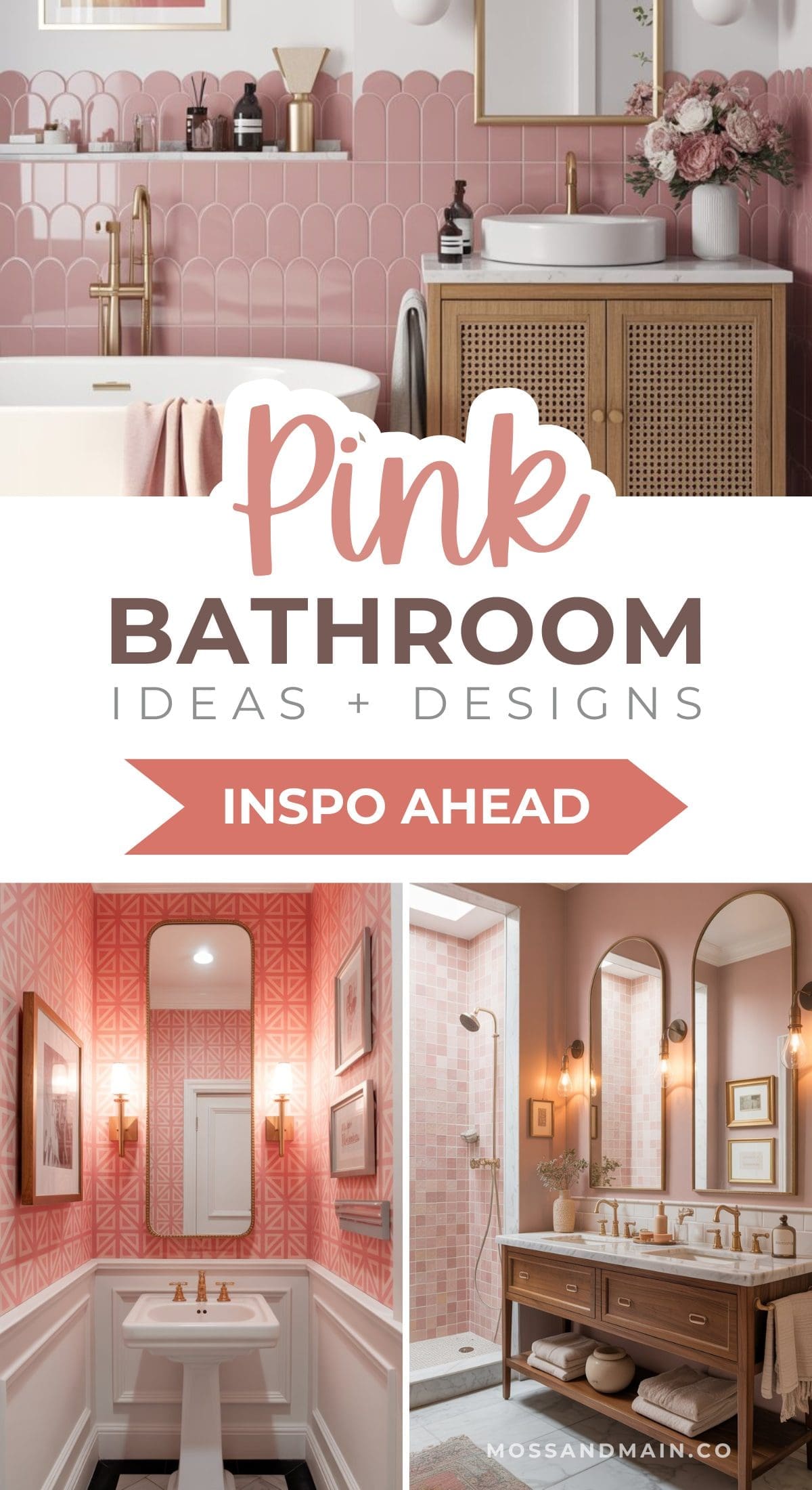 Collage of pink bathroom ideas with modern decor, featuring pink tiles, gold accents, floral arrangements, wooden vanities, and styled mirrors. Text reads: Pink Bathroom Ideas + Designs, Inspo Ahead.