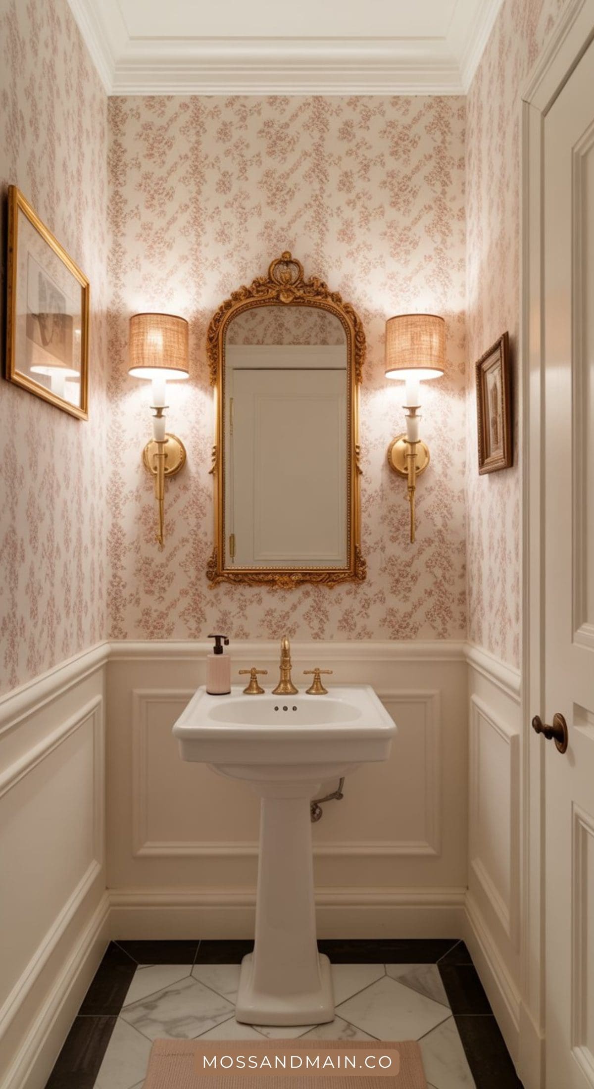 An elegant, stylish bathroom with floral wallpaper, a gold-framed mirror, two wall sconces, a pedestal sink with gold fixtures, framed art, and white wainscoting. The floor features bold black and white tiles.