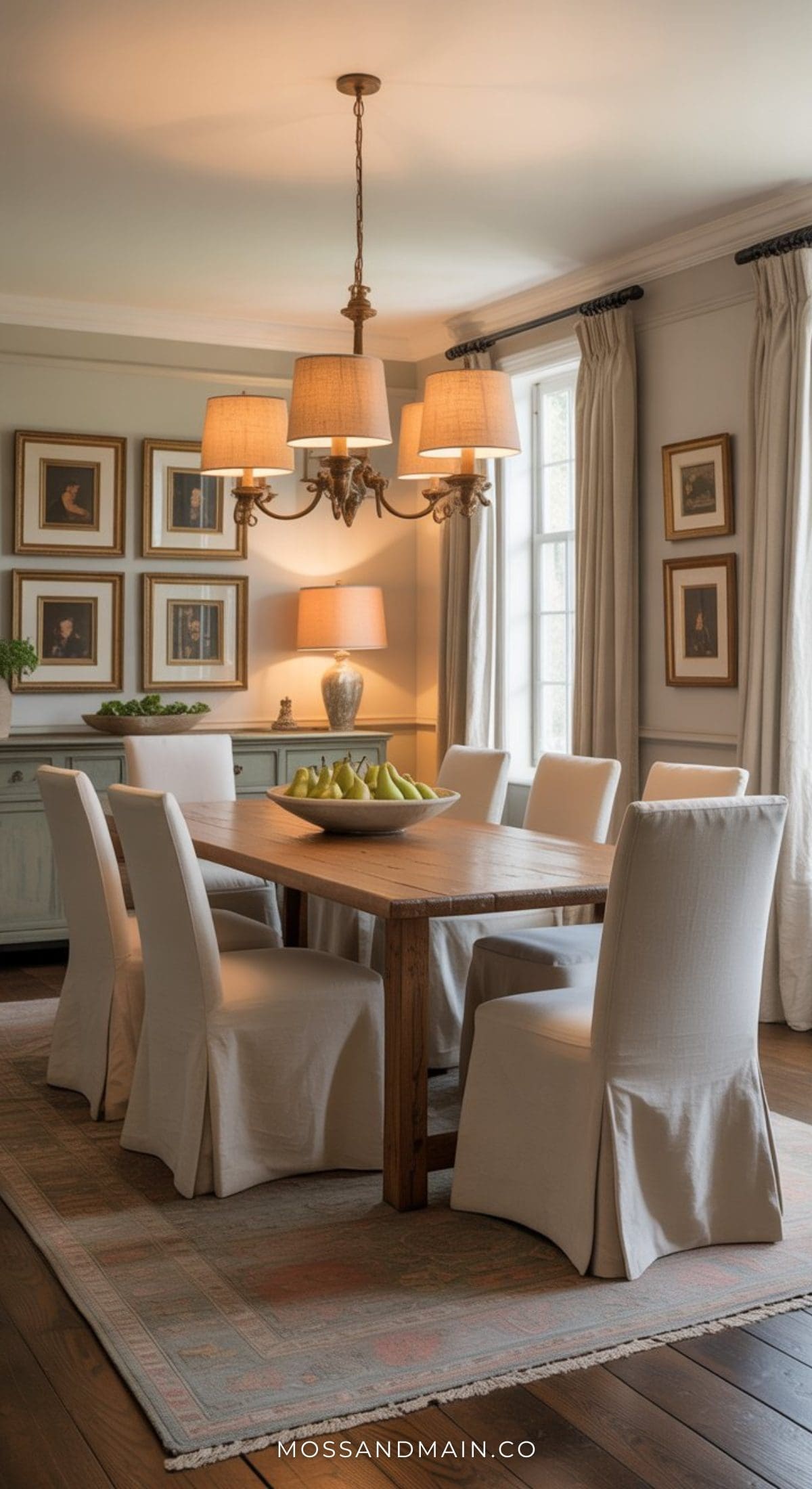 A bright and elegant dining room with a wooden table, six white slipcovered chairs, and a central fruit bowl evokes a timeless dining room feel, complete with a chandelier, framed art, long curtains, sideboard, and table lamp.