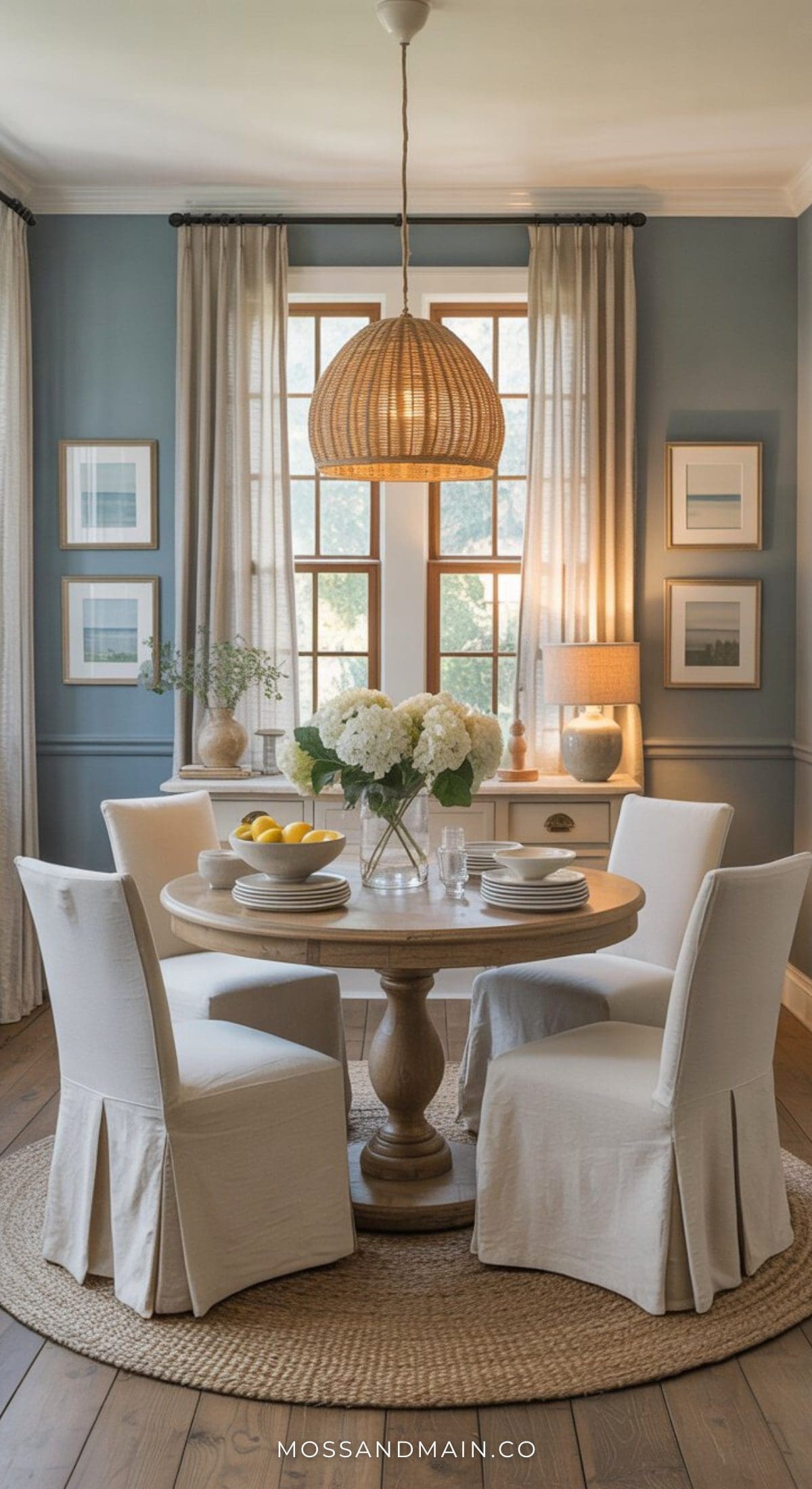 A cozy dining room inspired by timeless dining room design, featuring a round wooden table, four white slipcovered chairs, and a woven pendant light. A vase of white flowers and bowls decorate the table beneath large windows with sheer curtains.