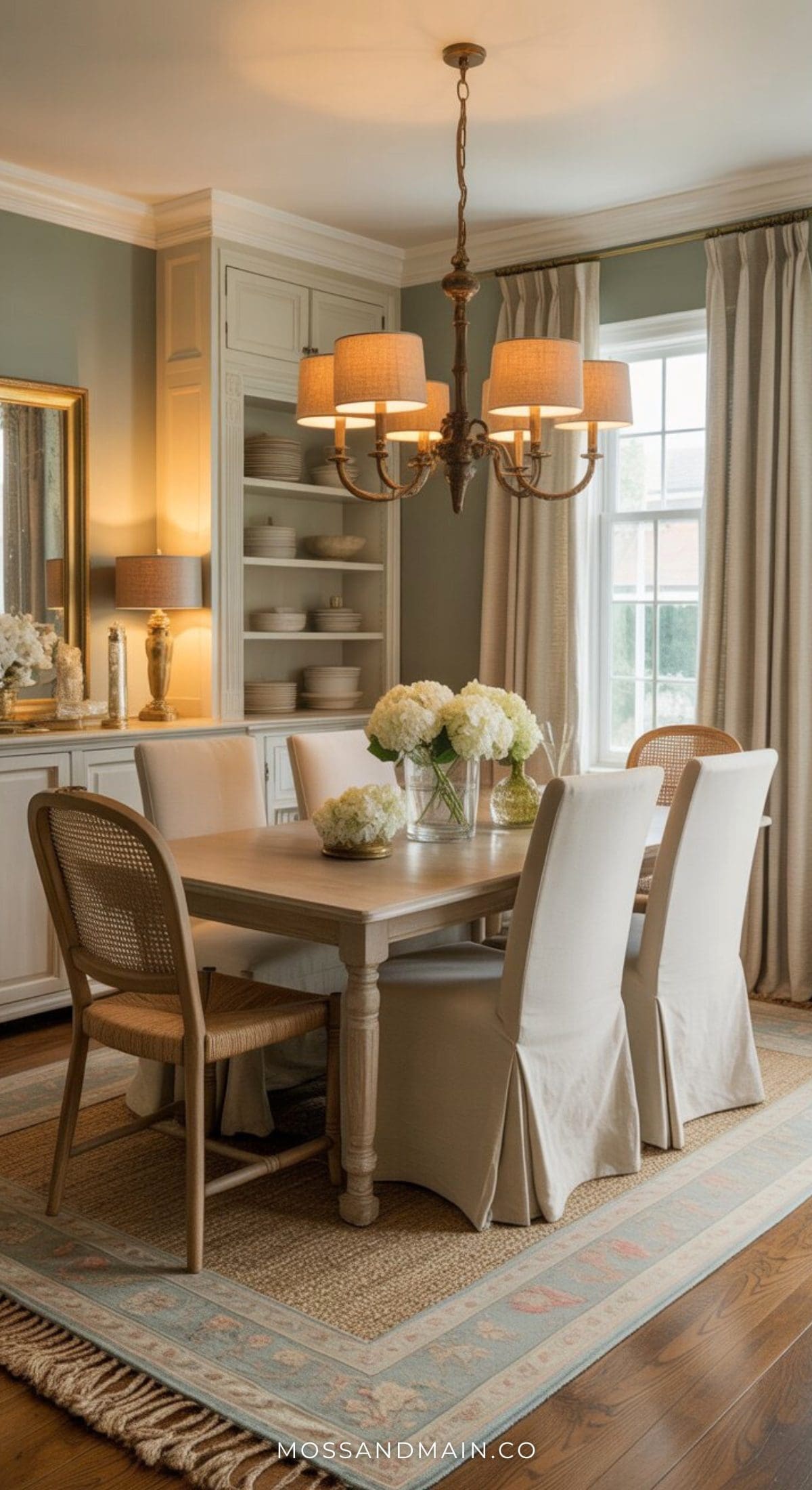 A cozy dining room featuring a wooden table, six chairs (two with rattan backs, four with white slipcovers), a beige rug, chandelier, built-in shelves, floral centerpieces, and soft natural light—perfect for that Nancy Meyers dining room feel.