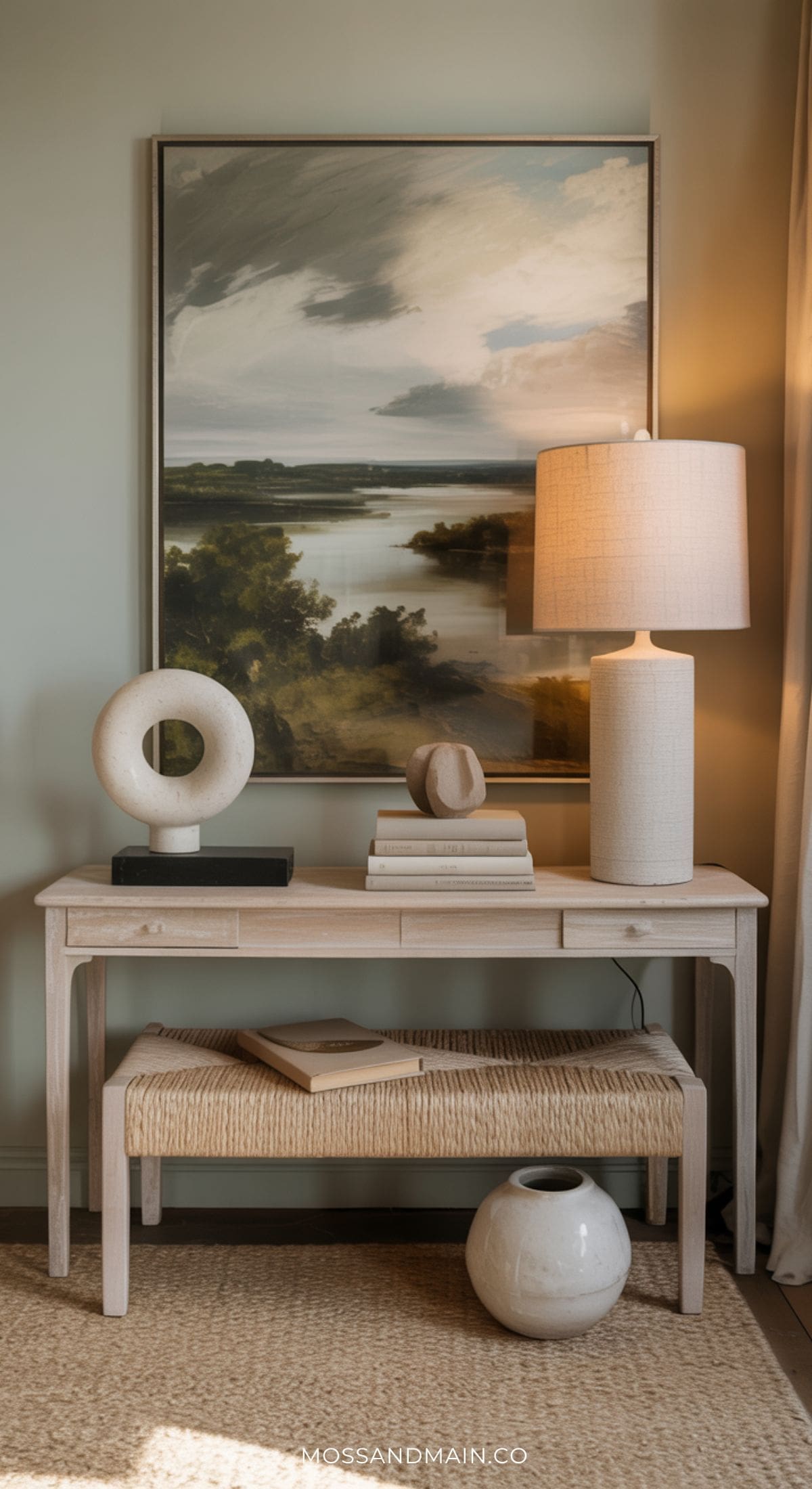 A minimal, modern entryway table decor setup features a white lamp, abstract sculptures, books, a bench with woven seat, a ceramic vase, and a landscape painting hanging on the wall behind.