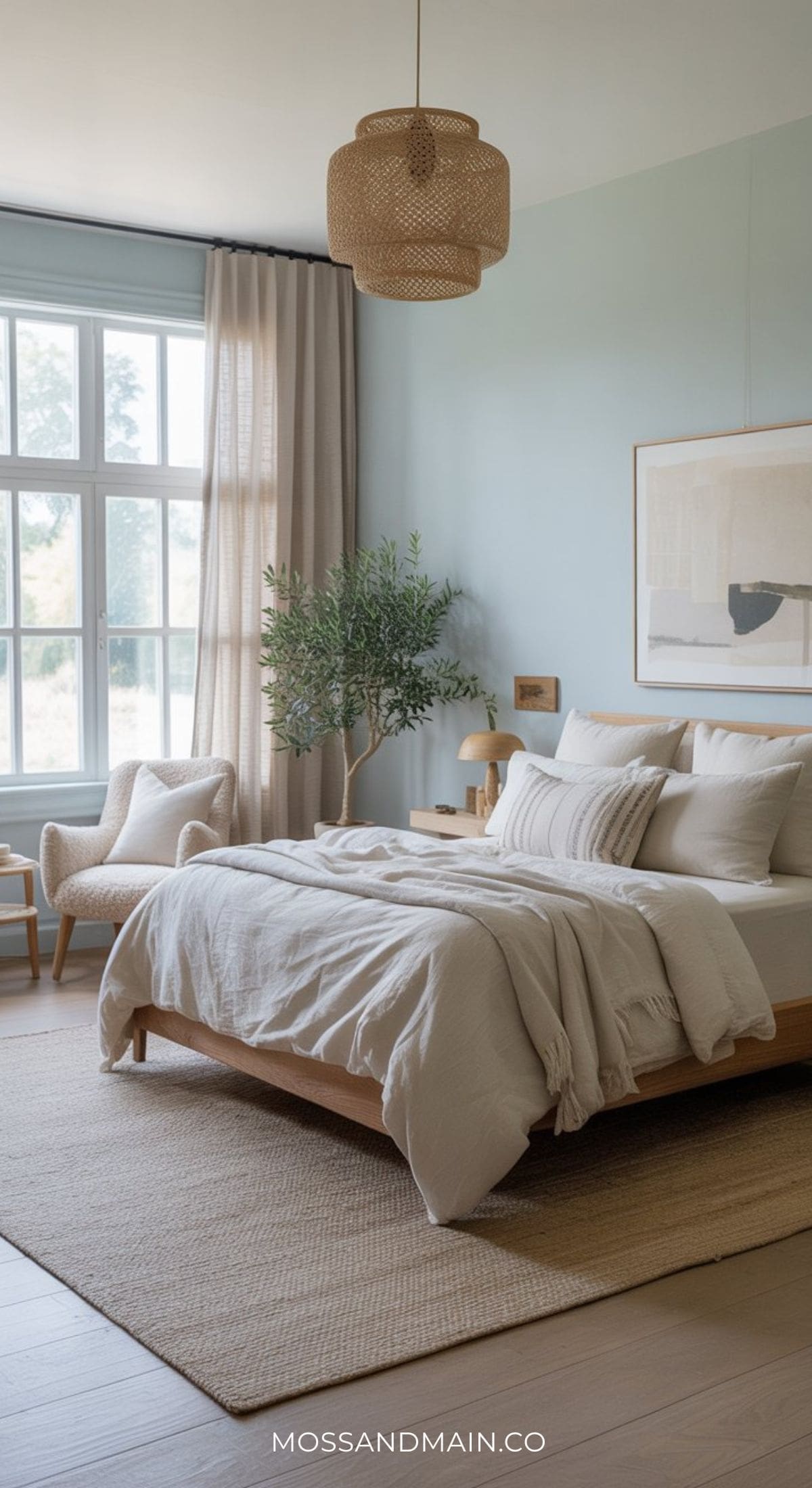 A serene Blue Boho Bedroom with a large window, light blue walls, a wooden bed with white bedding, a beige rug, an armchair, a potted plant, and a woven pendant light. Framed art hangs above the bed.