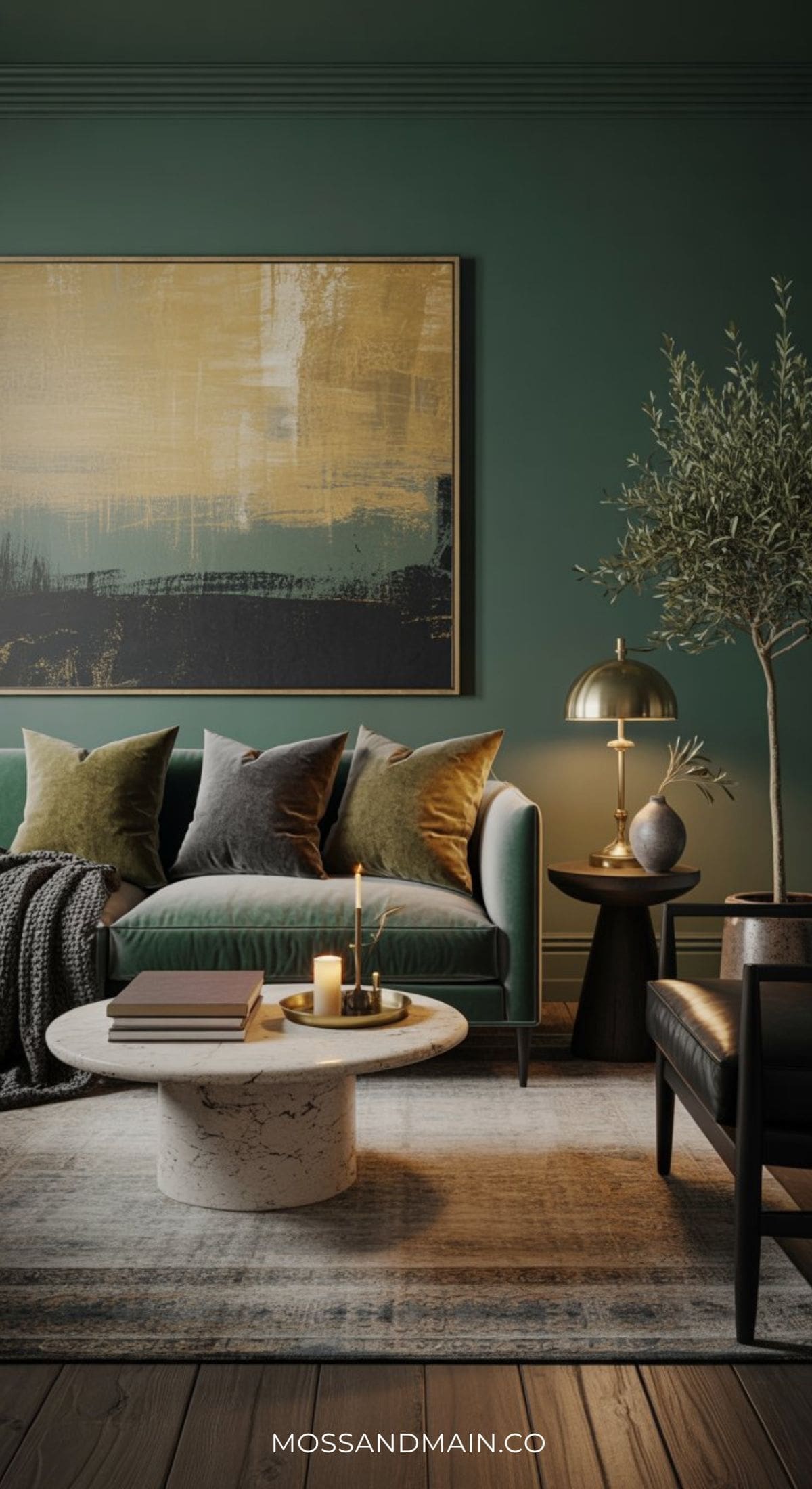 A stylish green and gold living room with a green velvet sofa, abstract wall art, cozy cushions, a round marble coffee table with candles and books, a potted olive tree, and a brass lamp. Mossandmain.co branding is visible.