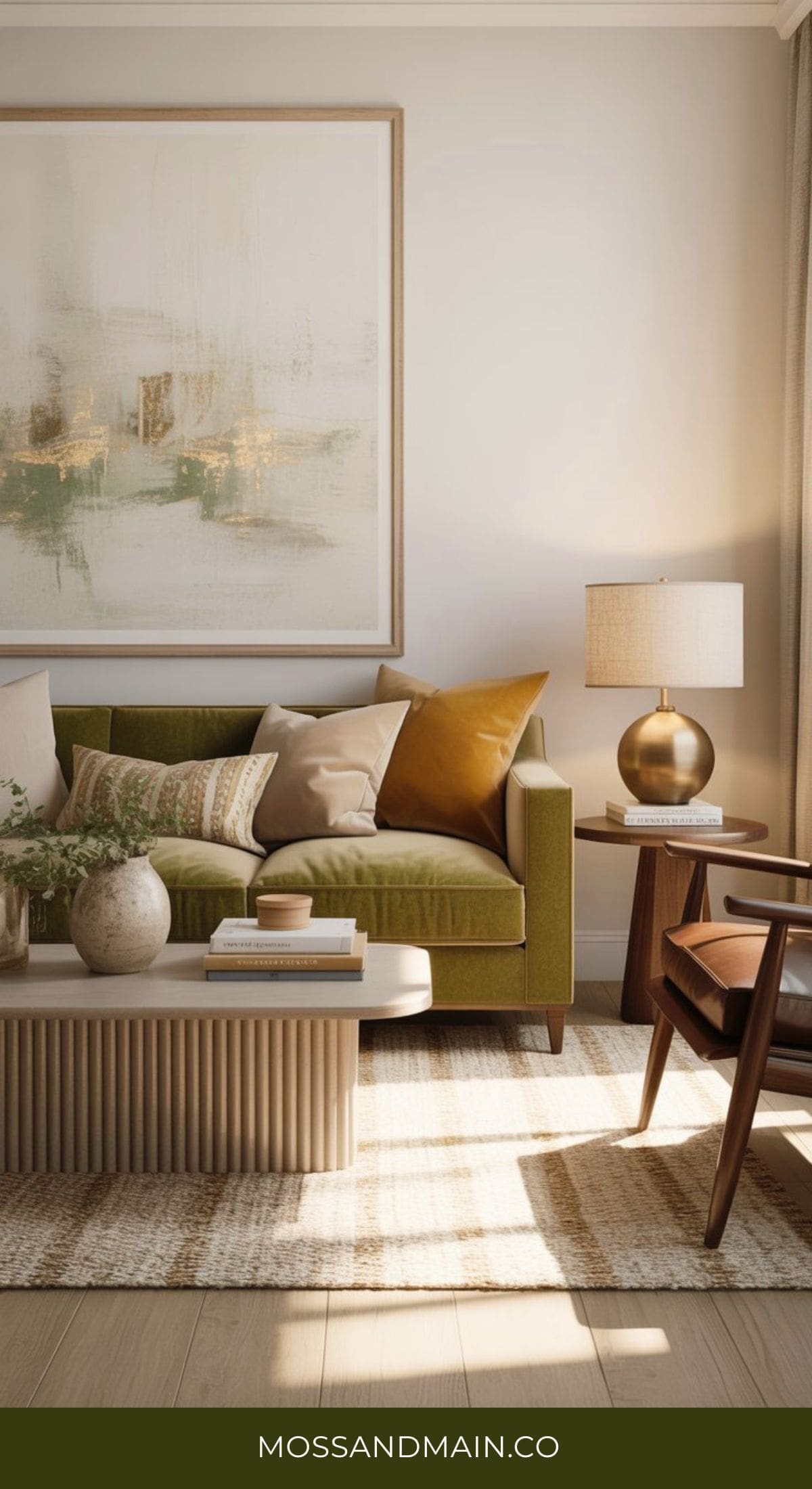 A modern green and gold living room with a green sofa, assorted pillows, a wooden coffee table, beige textured rug, gold table lamp, wood-framed chair, and abstract wall art. Soft natural light fills the cozy space.