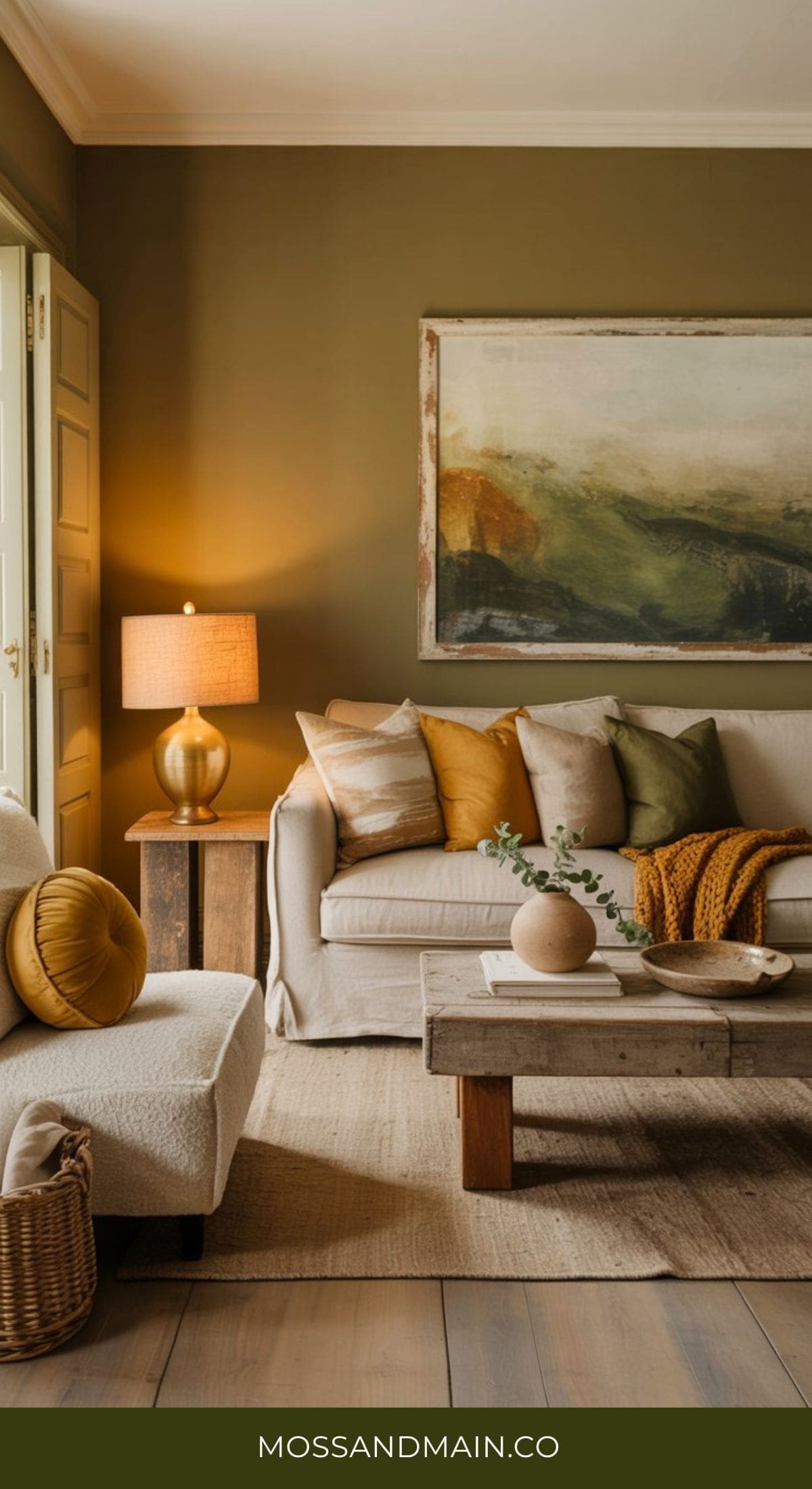 A cozy green and gold living room with olive walls, a beige sofa, yellow and gold cushions, a wooden coffee table, a table lamp, modern landscape art, and natural light streaming in. Text at the bottom reads MOSSANDMAIN.CO.