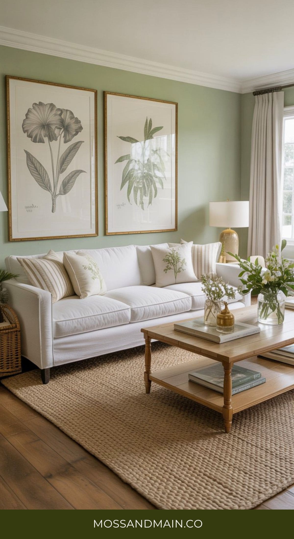 A bright, airy green and gold living room with a white sofa, botanical wall art, wooden coffee table with books, natural woven rug, green walls, and large windows with cream curtains. Fresh greenery decorates the space.