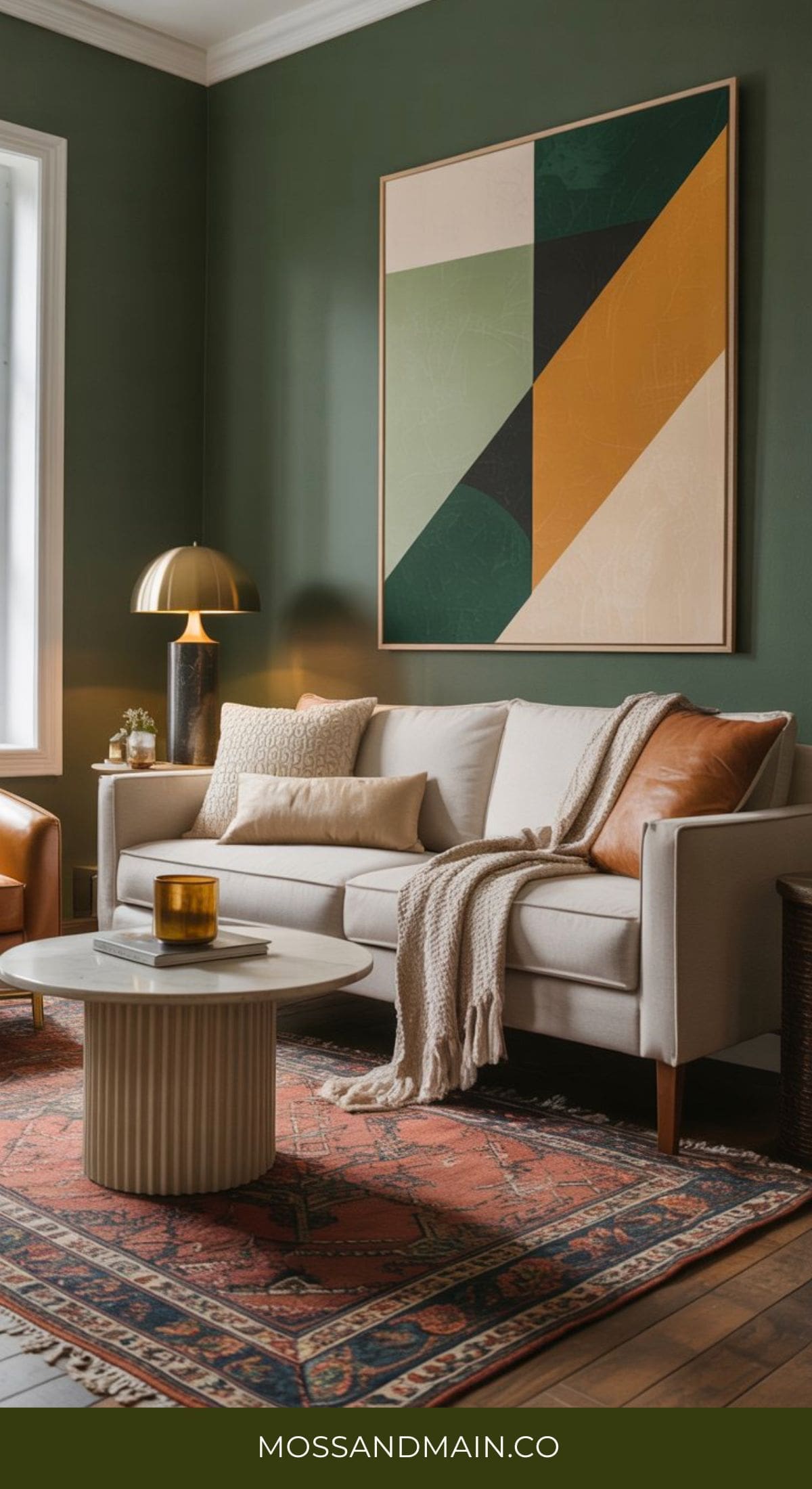 A stylish green and gold living room with a green accent wall, abstract geometric art, a light sofa with brown and beige pillows, a gold lamp, white round coffee table, and red patterned rug. Text at the bottom reads MOSSANDMAIN.CO.