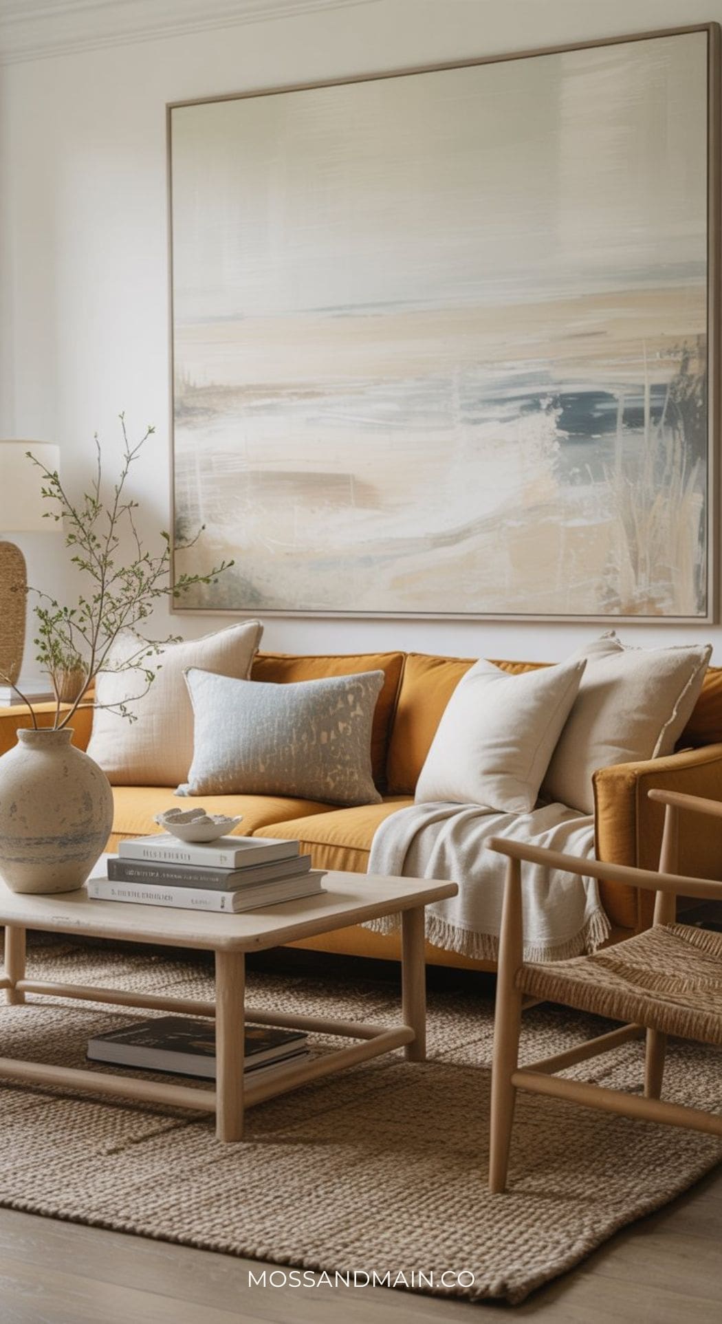 A modern, sophisticated living room with a mustard sofa, light cushions, a woven rug, wooden coffee table with books, ceramic vase, and a large abstract painting. Natural light fills the cozy space—perfect for chic living room ideas.