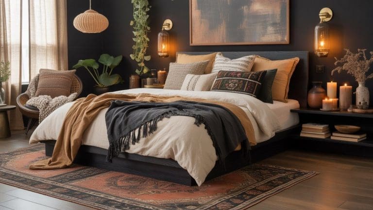 This Black Boho Bedroom features a bed with layered neutral and patterned pillows, a beige throw, and a black blanket. Dark walls, warm lighting, houseplants, candles, and a boho rug create an inviting moody bedroom retreat.