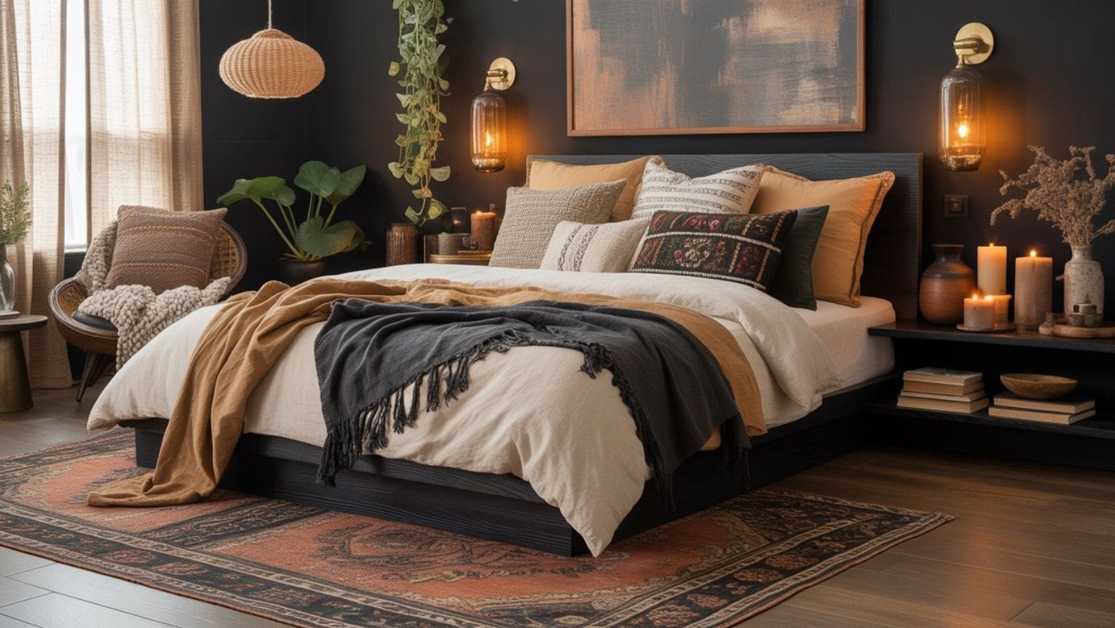 This Black Boho Bedroom features a bed with layered neutral and patterned pillows, a beige throw, and a black blanket. Dark walls, warm lighting, houseplants, candles, and a boho rug create an inviting moody bedroom retreat.