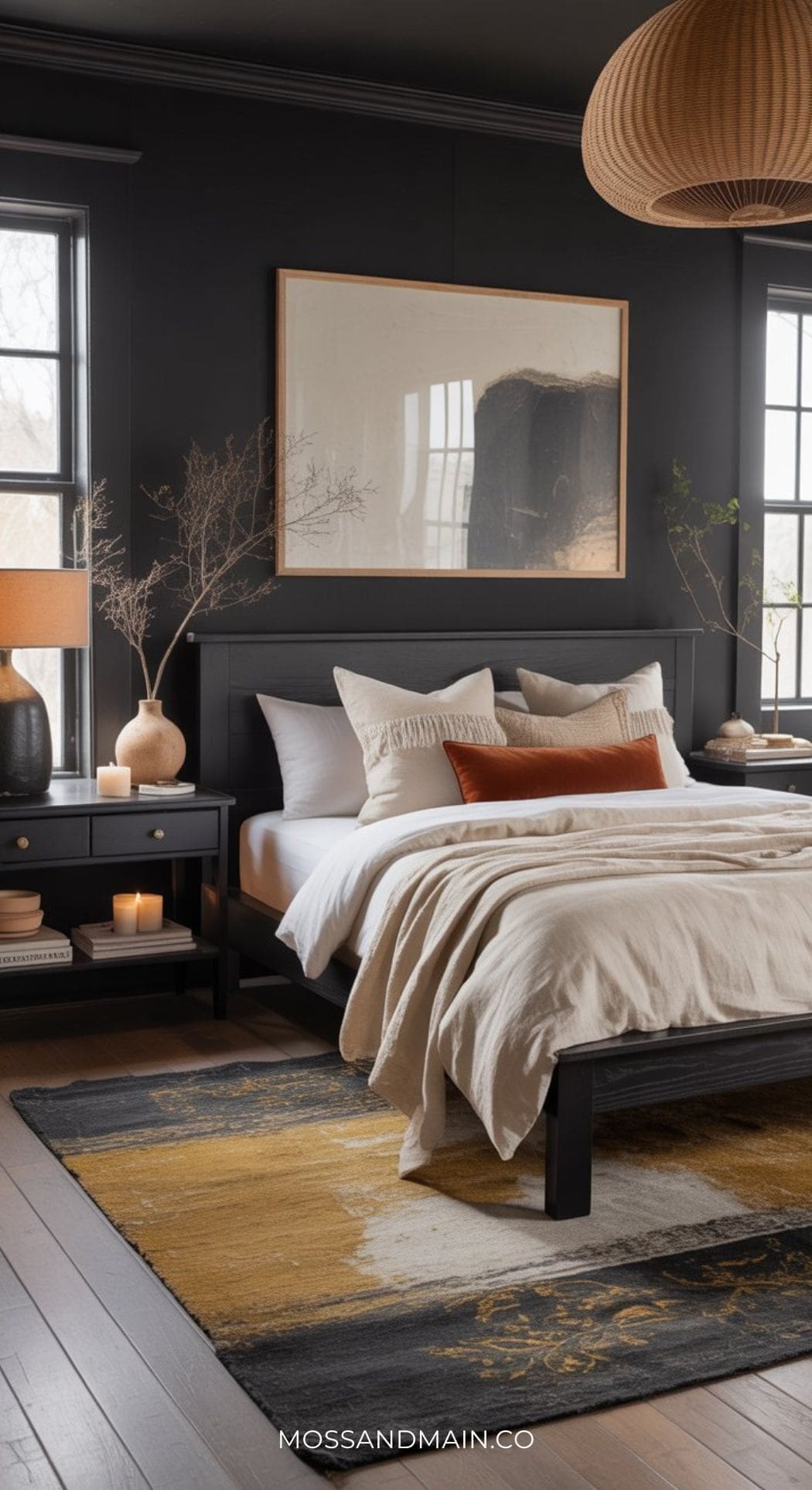 A modern Black Boho Bedroom features a black accent wall, cozy bed with neutral bedding and an orange pillow, two nightstands with lamps and candles, large windows, and a contemporary rug with mustard and gray tones.