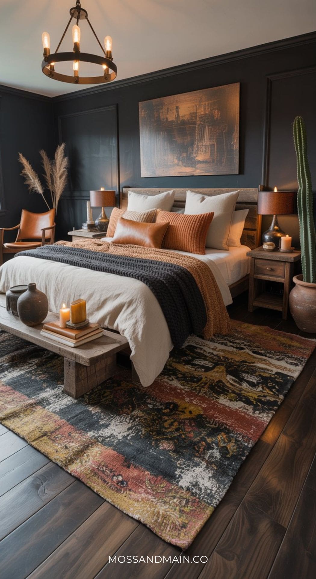 A cozy, moody bedroom with dark walls, a large bed with white and brown bedding, wooden nightstands, warm lighting, lush plants, and a colorful patterned rug on dark wood floors. Candles and art add a welcoming touch to this black boho bedroom.
