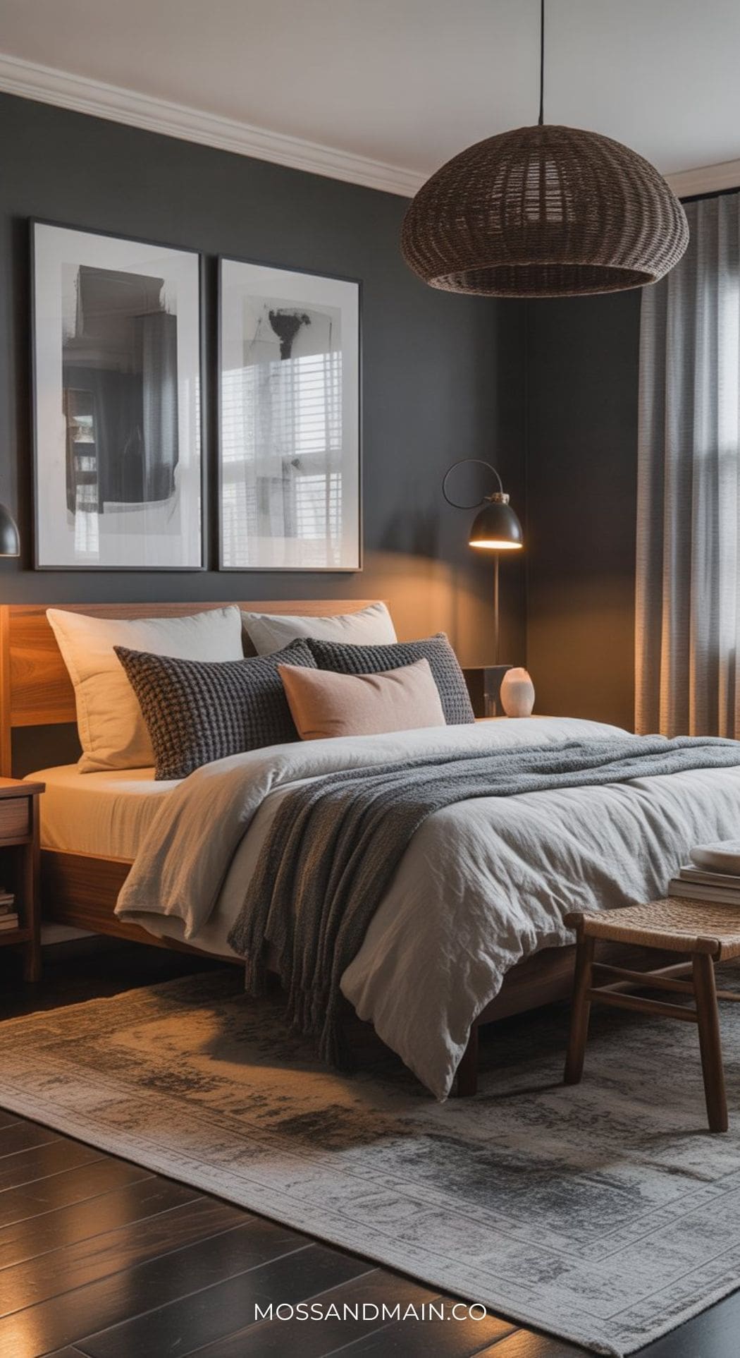 A moody bedroom with dark walls, a wooden bed frame, layered gray and white bedding, a woven pendant light, framed artwork above the bed, and soft natural light—a perfect touch for black boho bedroom style.