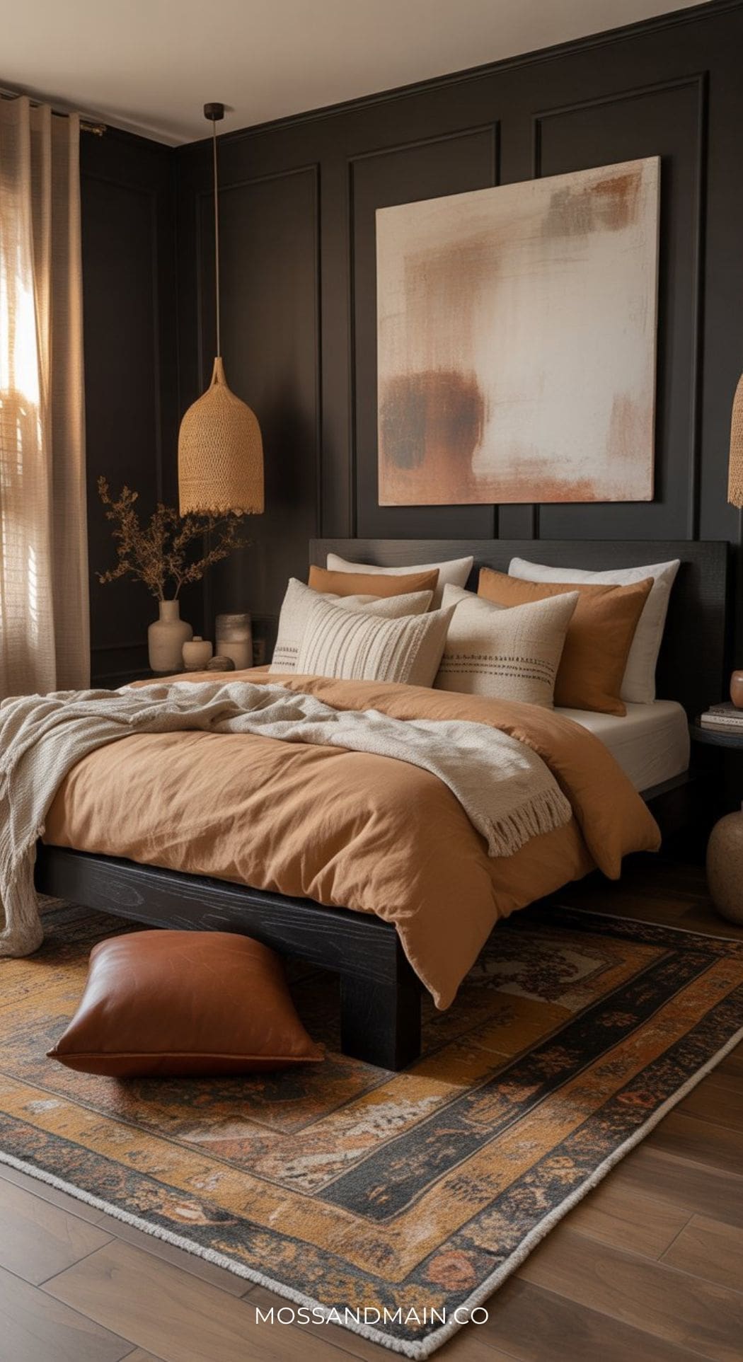 A stylish bedroom with a black accent wall, earth-toned bedding, large abstract art above the bed, woven pendant lights, neutral decor, and a patterned rug with a leather pillow on the floor creates a moody bedroom vibe.