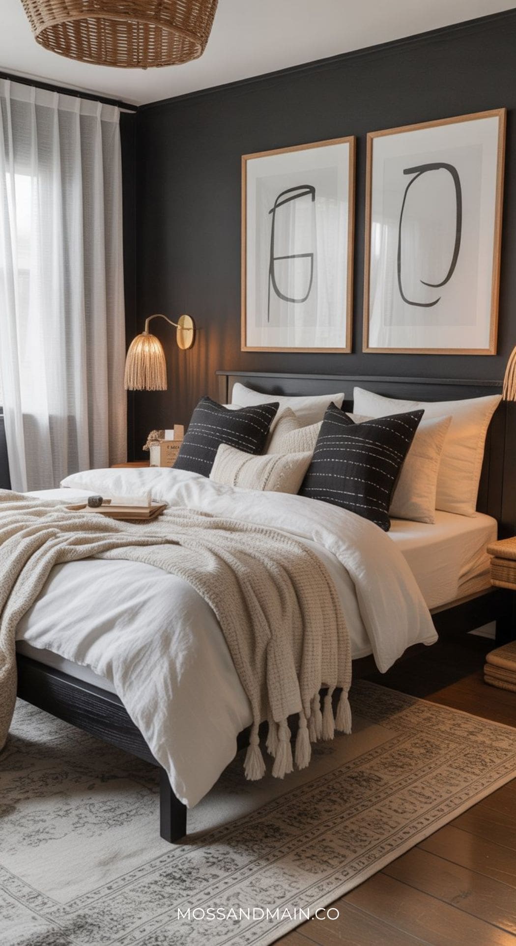 A moody bedroom with a black accent wall, white bedding, black and white pillows, neutral throw blanket, two abstract art prints above the bed, woven lamps, and a cozy rug on a wooden floor.